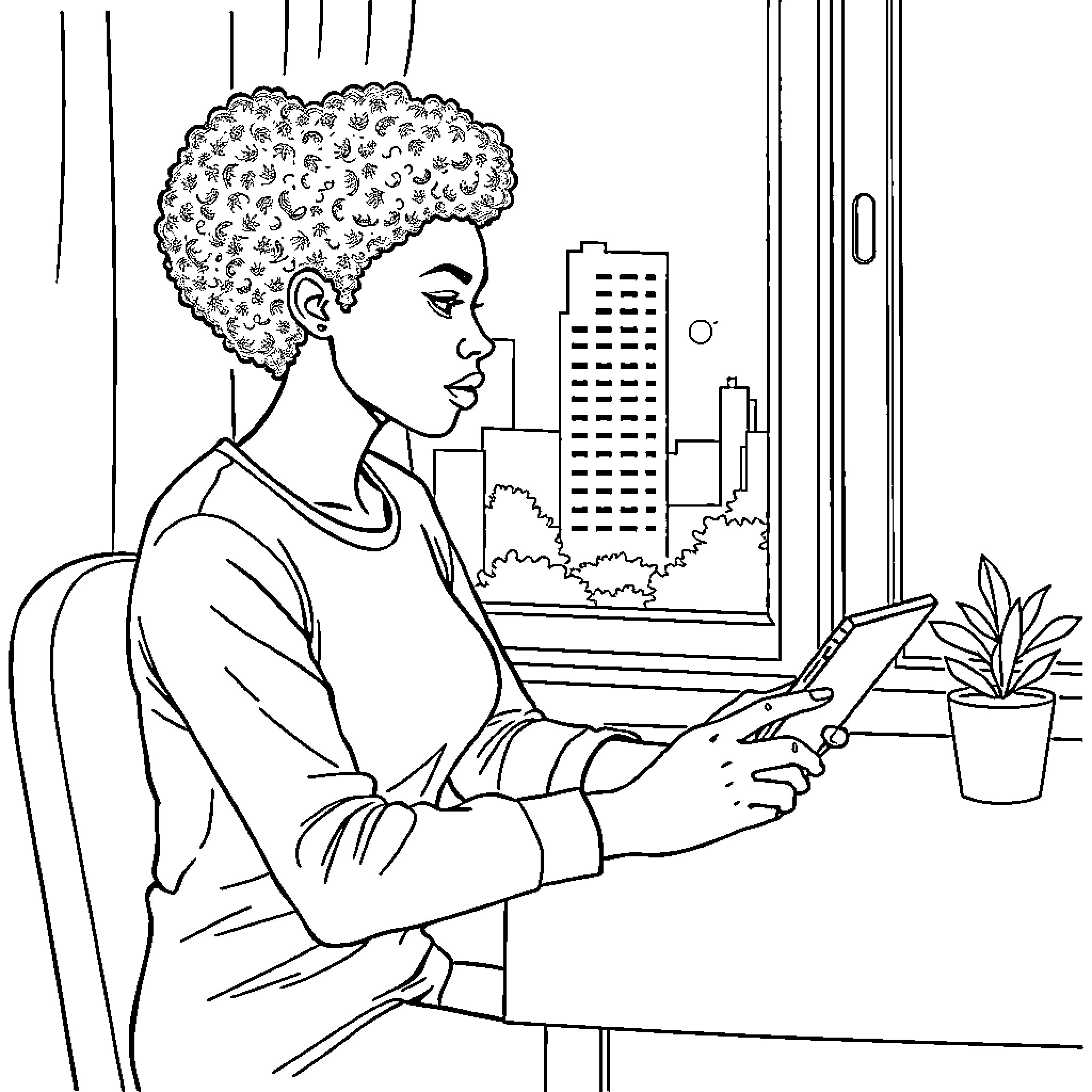 Woman gazing thoughtfully out the window Coloring Page (free black-and-white line drawing printable PDF for all, from beginners to advanced learners, including children, teens, adults, and seniors)