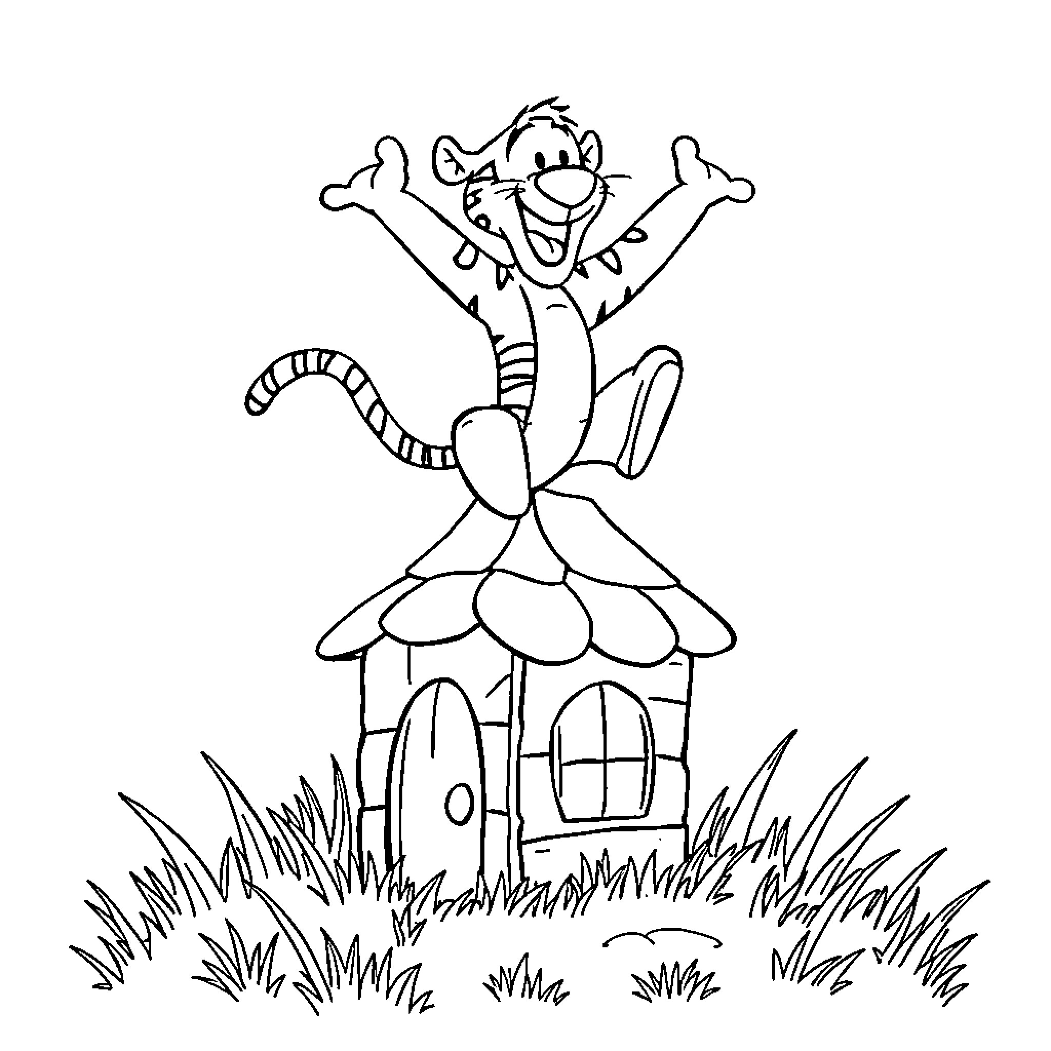 Tigger jumping excitedly in front of a cottage Coloring Page (free black-and-white line drawing printable PDF for all, from beginners to advanced learners, including children, teens, adults, and seniors)