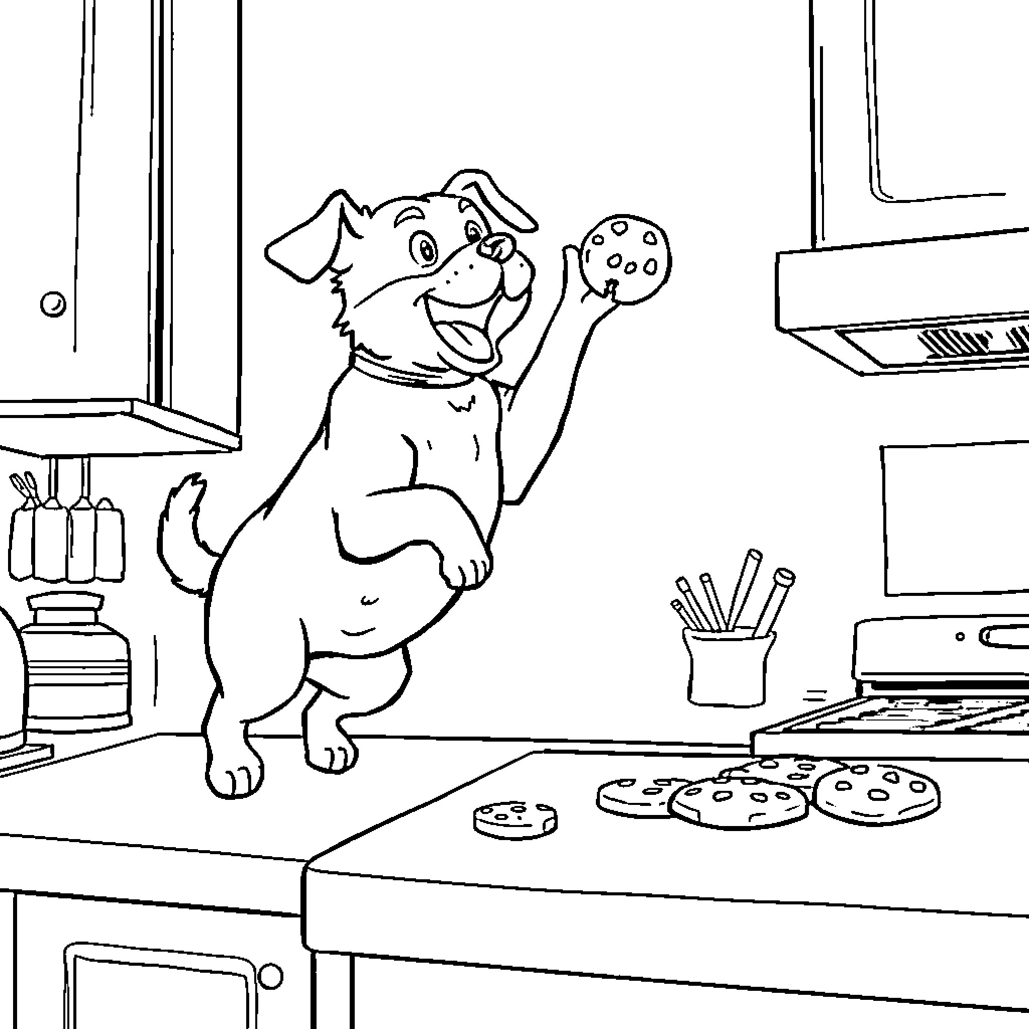 Dog enjoying treats in the kitchen Coloring Page (free black-and-white line drawing printable PDF for all, from beginners to advanced learners, including children, teens, adults, and seniors)