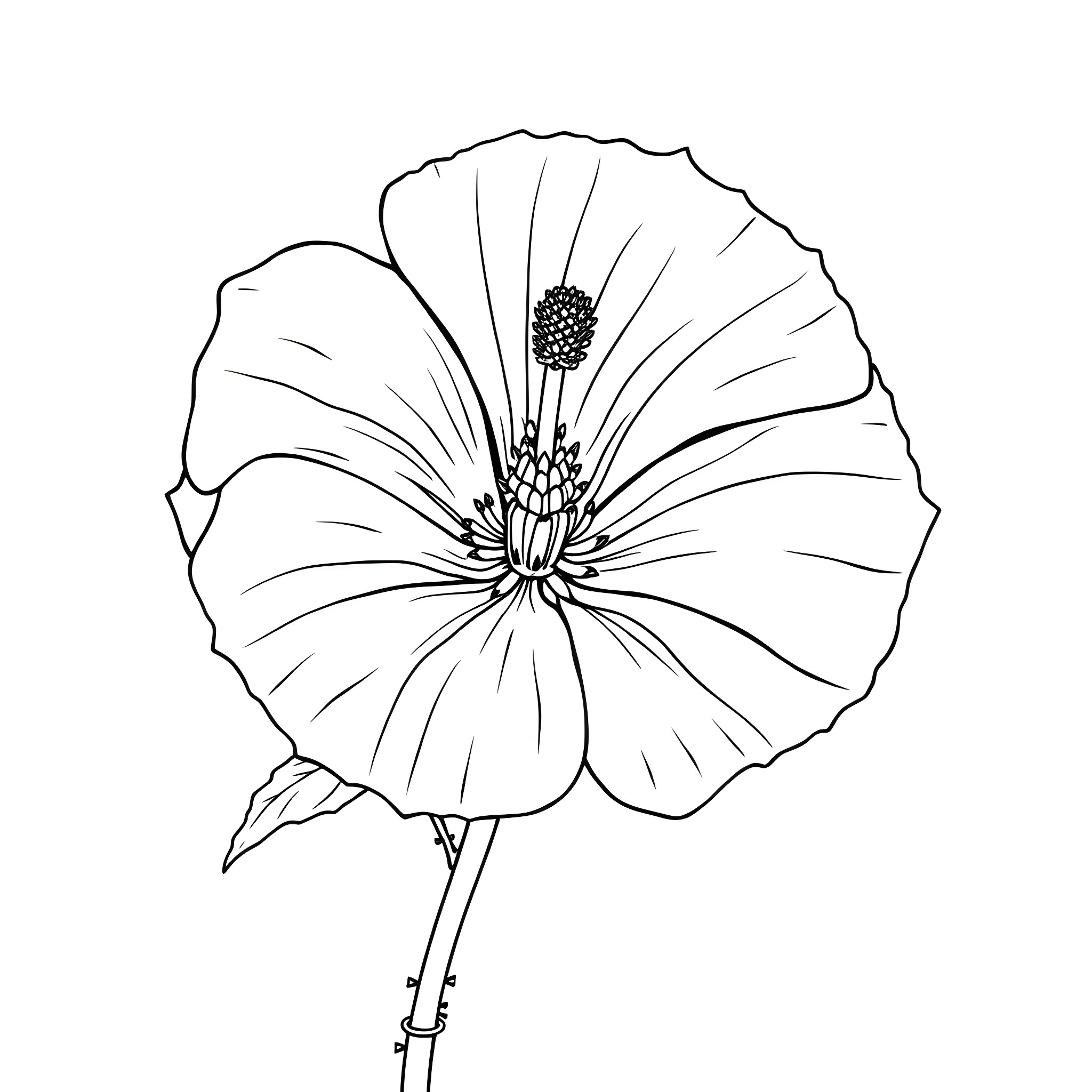 Ipomoea flower in detailed line art illustration Coloring Page (free black-and-white line drawing printable PDF for all, from beginners to advanced learners, including children, teens, adults, and seniors)