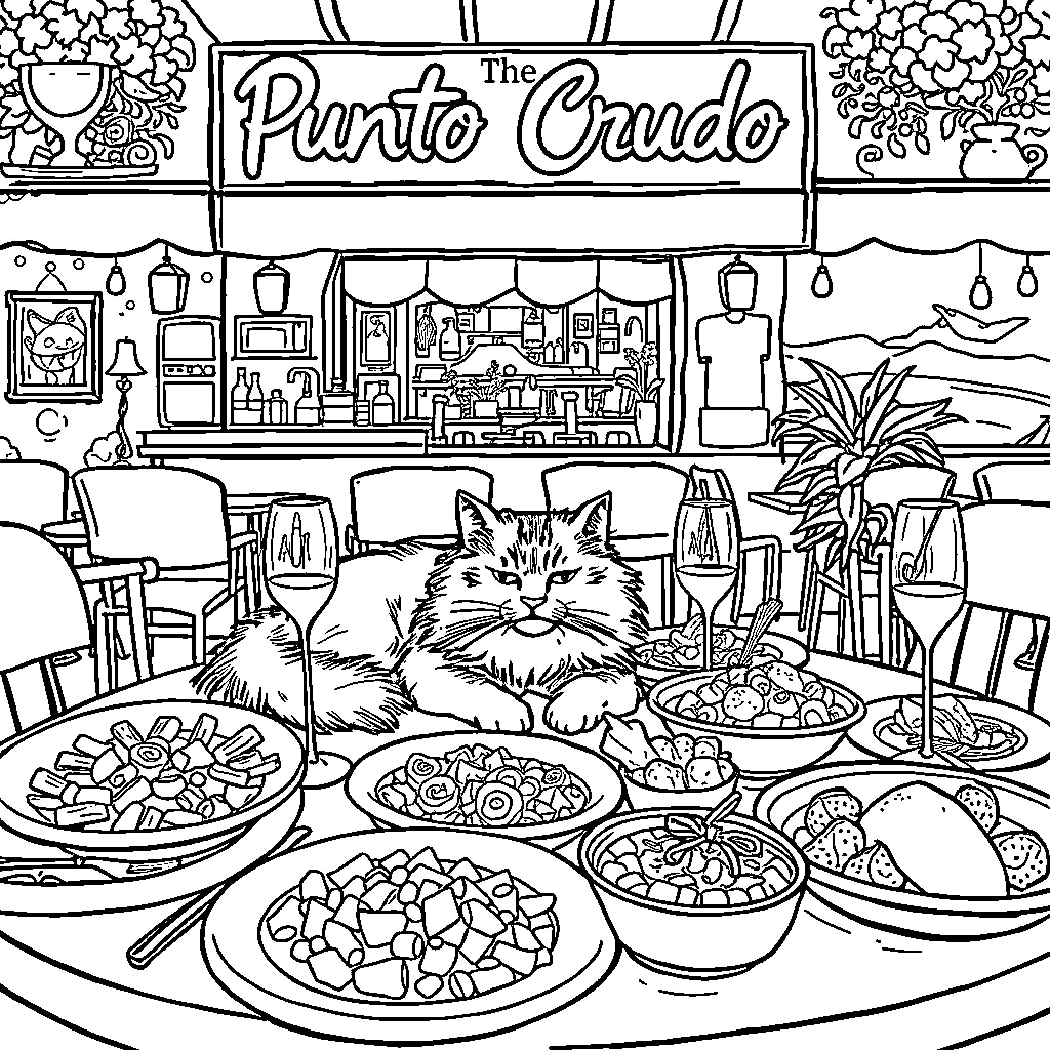 Cat enjoying a meal at the Punto Crudo restaurant Coloring Page (free black-and-white line drawing printable PDF for all, from beginners to advanced learners, including children, teens, adults, and seniors)