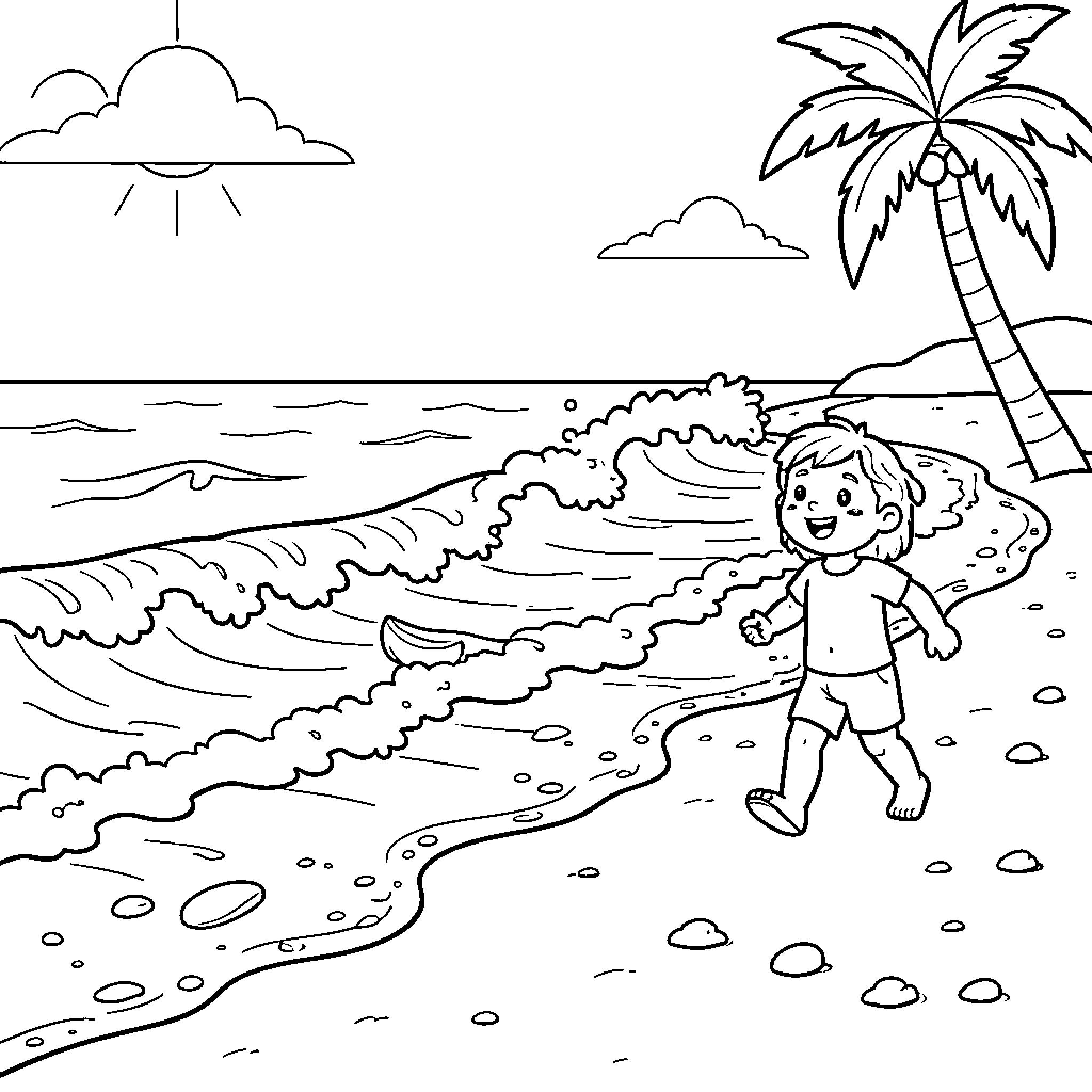 Beach scene with child playing by the waves Coloring Page (free black-and-white line drawing printable PDF for all, from beginners to advanced learners, including children, teens, adults, and seniors)
