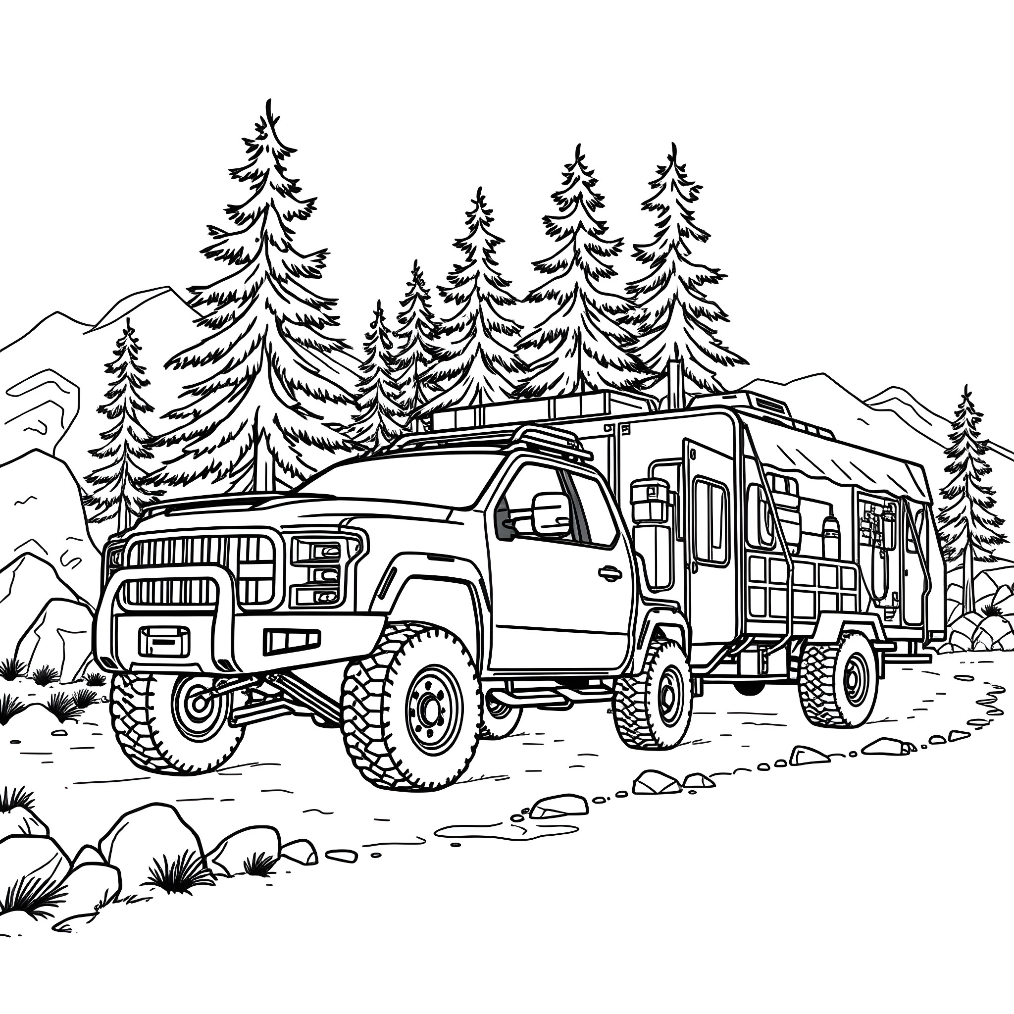Pickup truck carrying camping gear in the wilderness Coloring Page (free black-and-white line drawing printable PDF for all, from beginners to advanced learners, including children, teens, adults, and seniors)