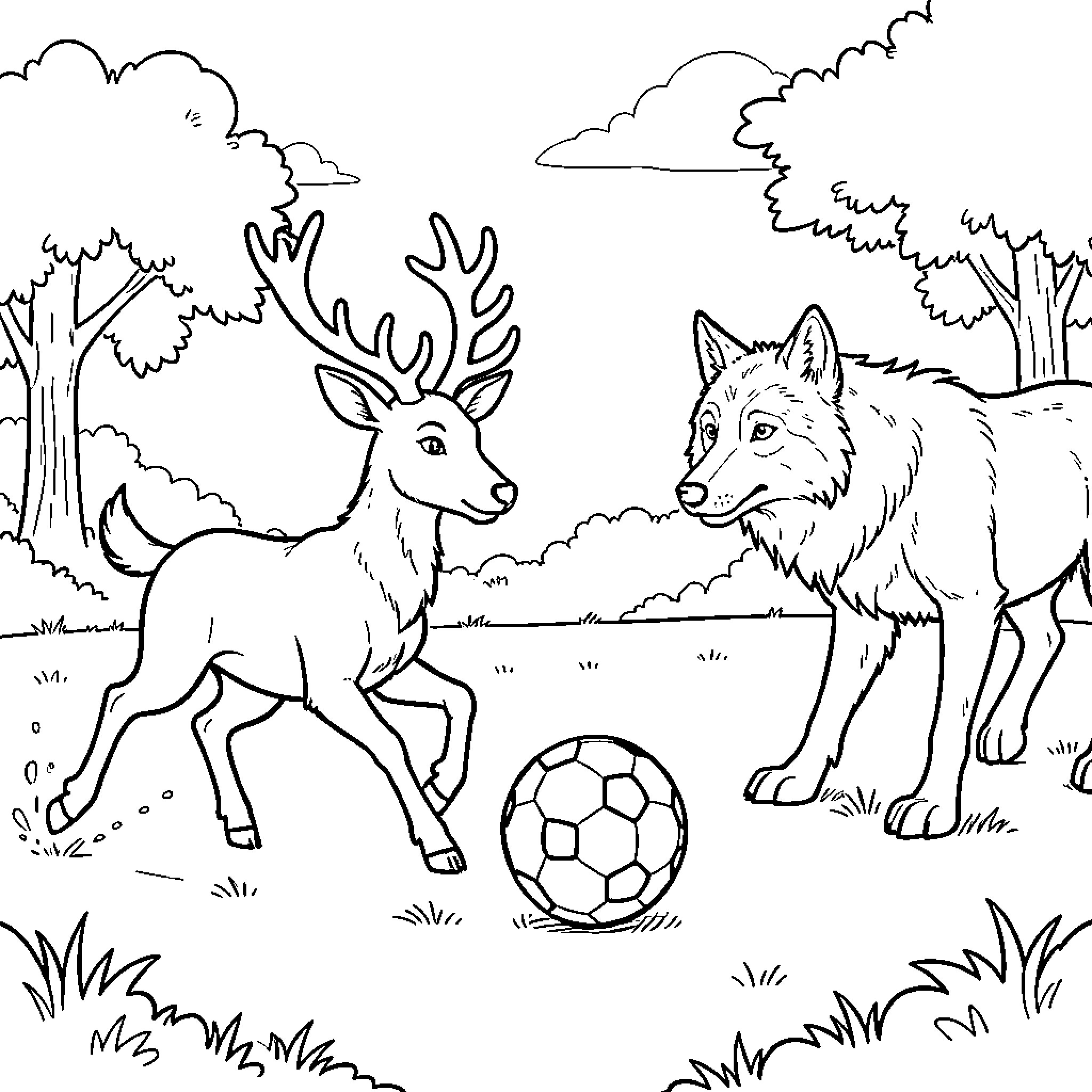 Deer and wolf playing with a soccer ball Coloring Page (free black-and-white line drawing printable PDF for all, from beginners to advanced learners, including children, teens, adults, and seniors)