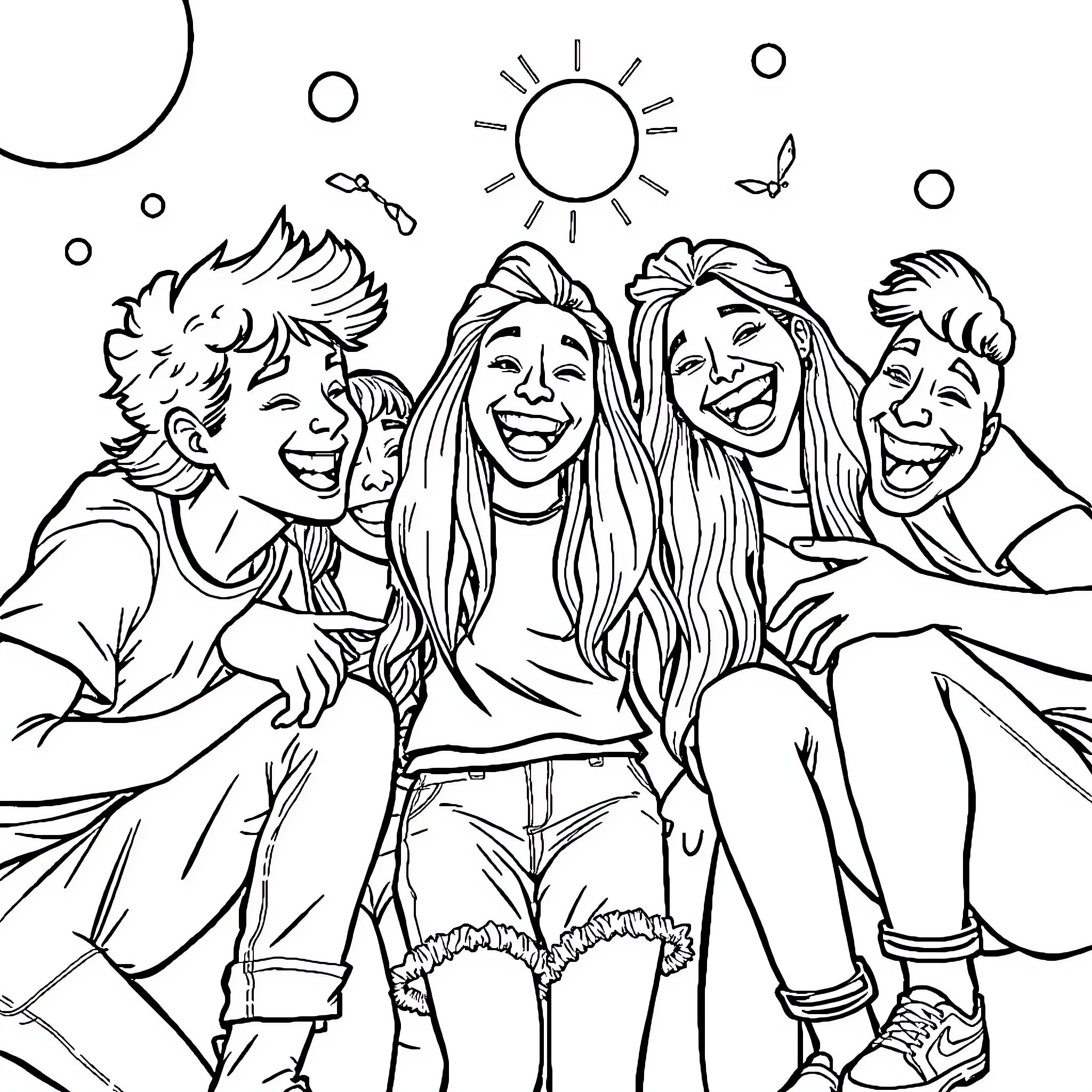 Goon girls having fun in the sun Coloring Page (free black-and-white line drawing printable PDF for all, from beginners to advanced learners, including children, teens, adults, and seniors)