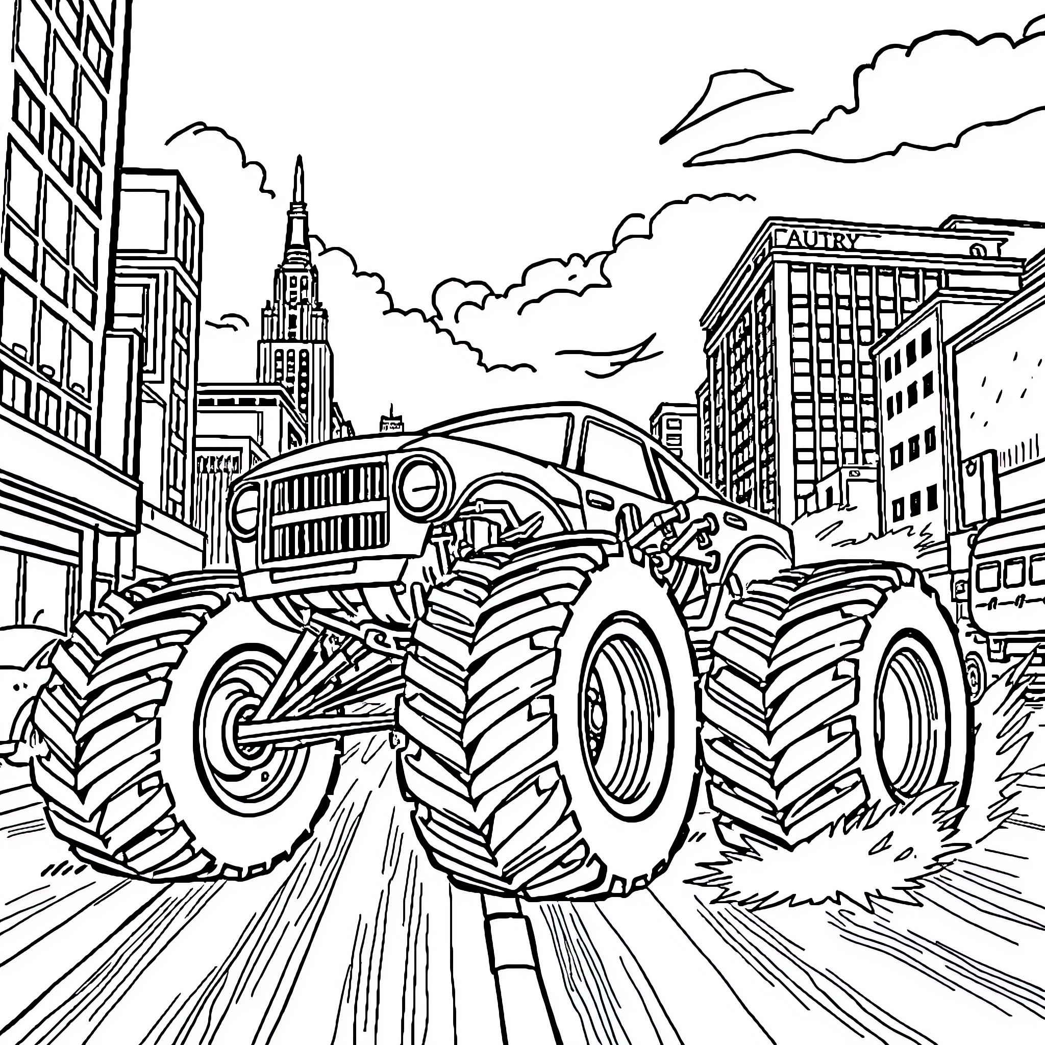 Monster Car Crushing Through the City Coloring Page (free black-and-white line drawing printable PDF for all, from beginners to advanced learners, including children, teens, adults, and seniors)