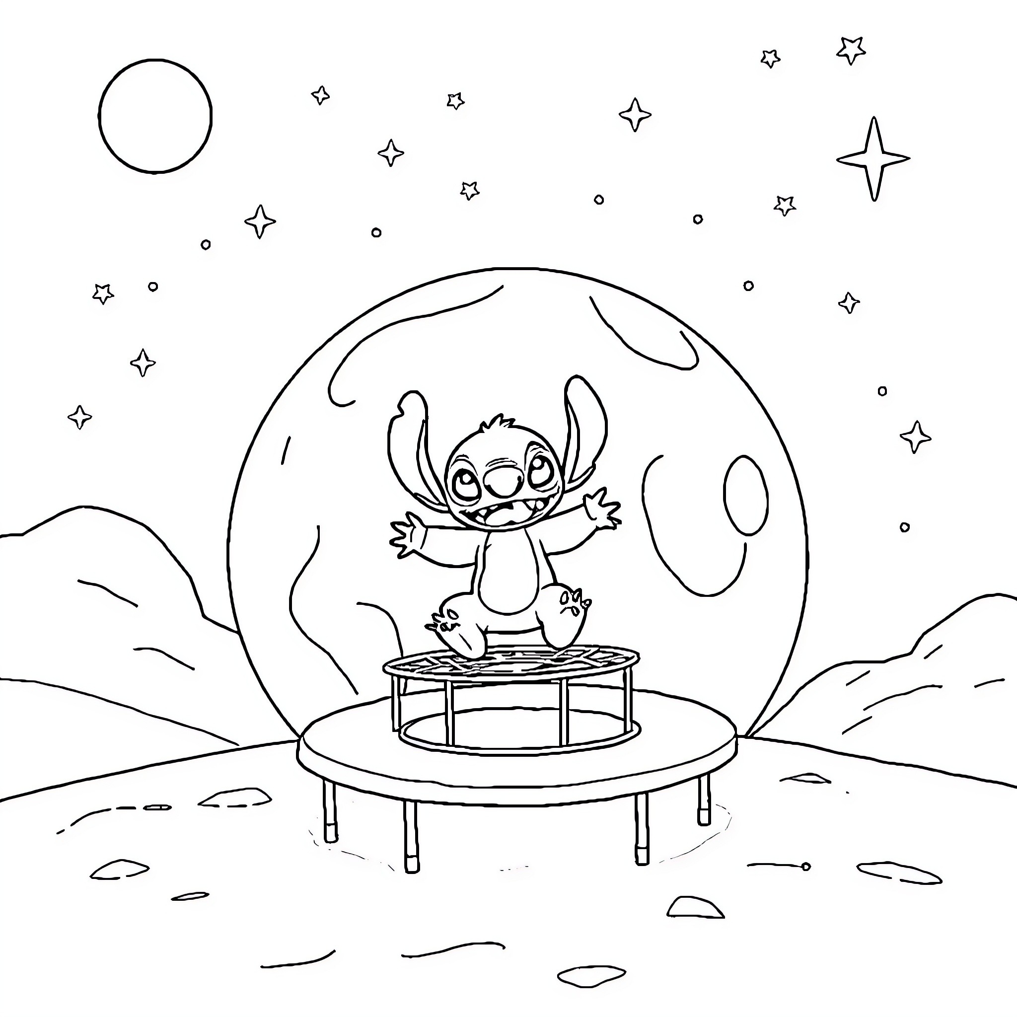 Stitch playing and jumping on trampoline under the night sky Coloring Page (free black-and-white line drawing printable PDF for all, from beginners to advanced learners, including children, teens, adults, and seniors)