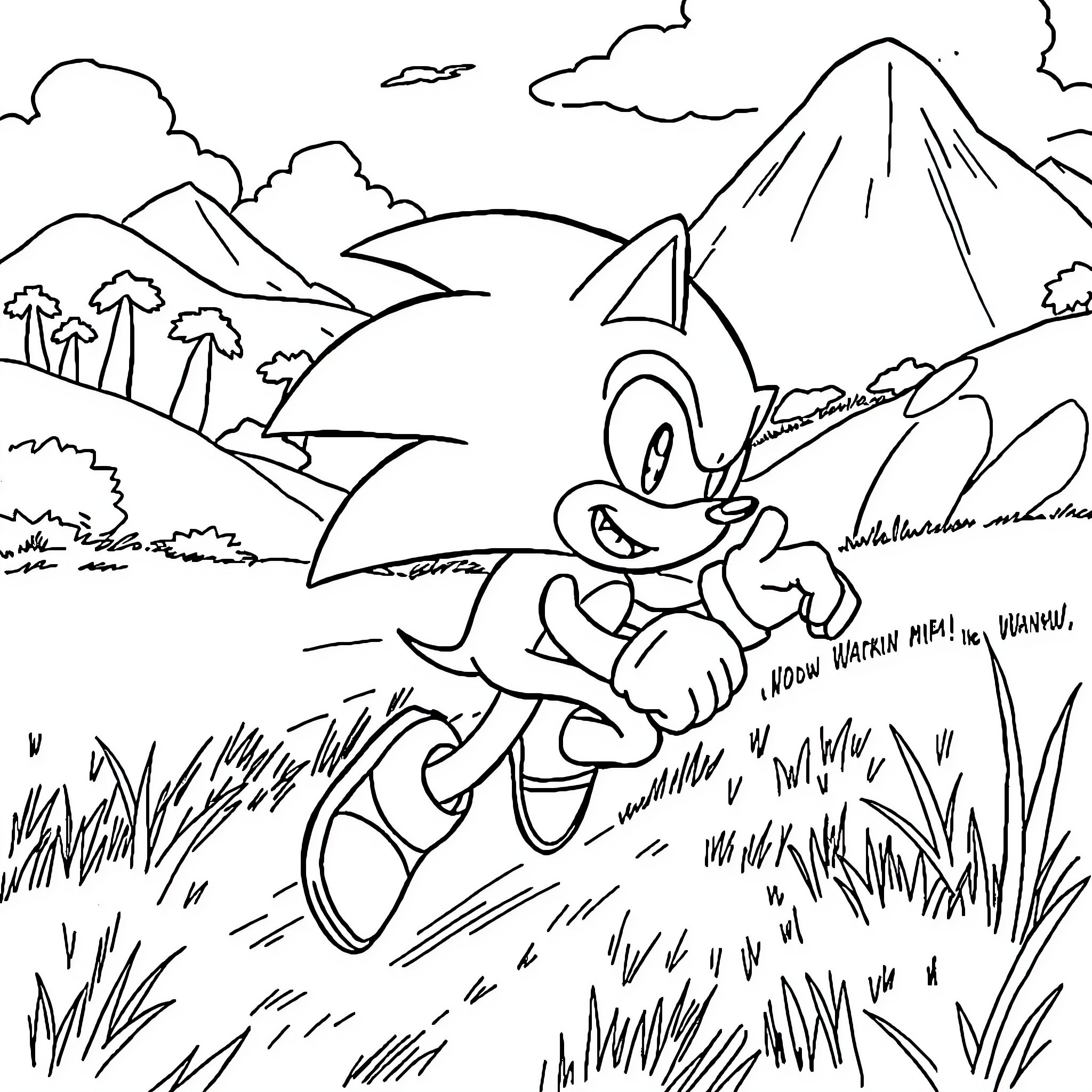 Sonic's Adventures in the Mountainous Landscape Coloring Page (free black-and-white line drawing printable PDF for all, from beginners to advanced learners, including children, teens, adults, and seniors)
