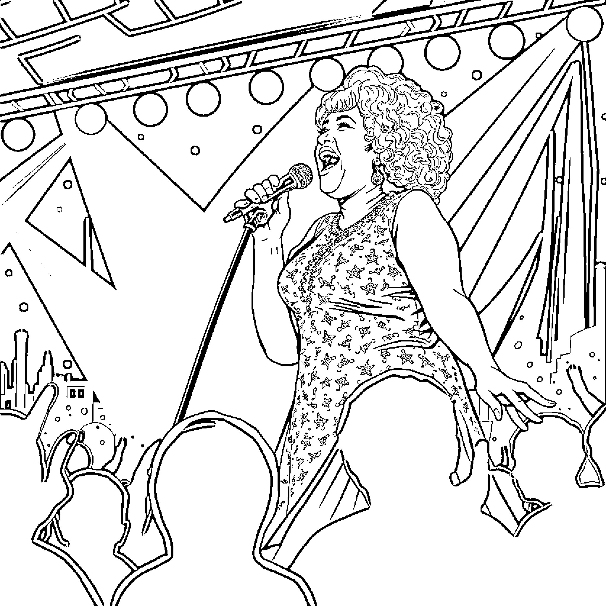 Queen Performing on Stage Coloring Page (free black-and-white line drawing printable PDF for all, from beginners to advanced learners, including children, teens, adults, and seniors)