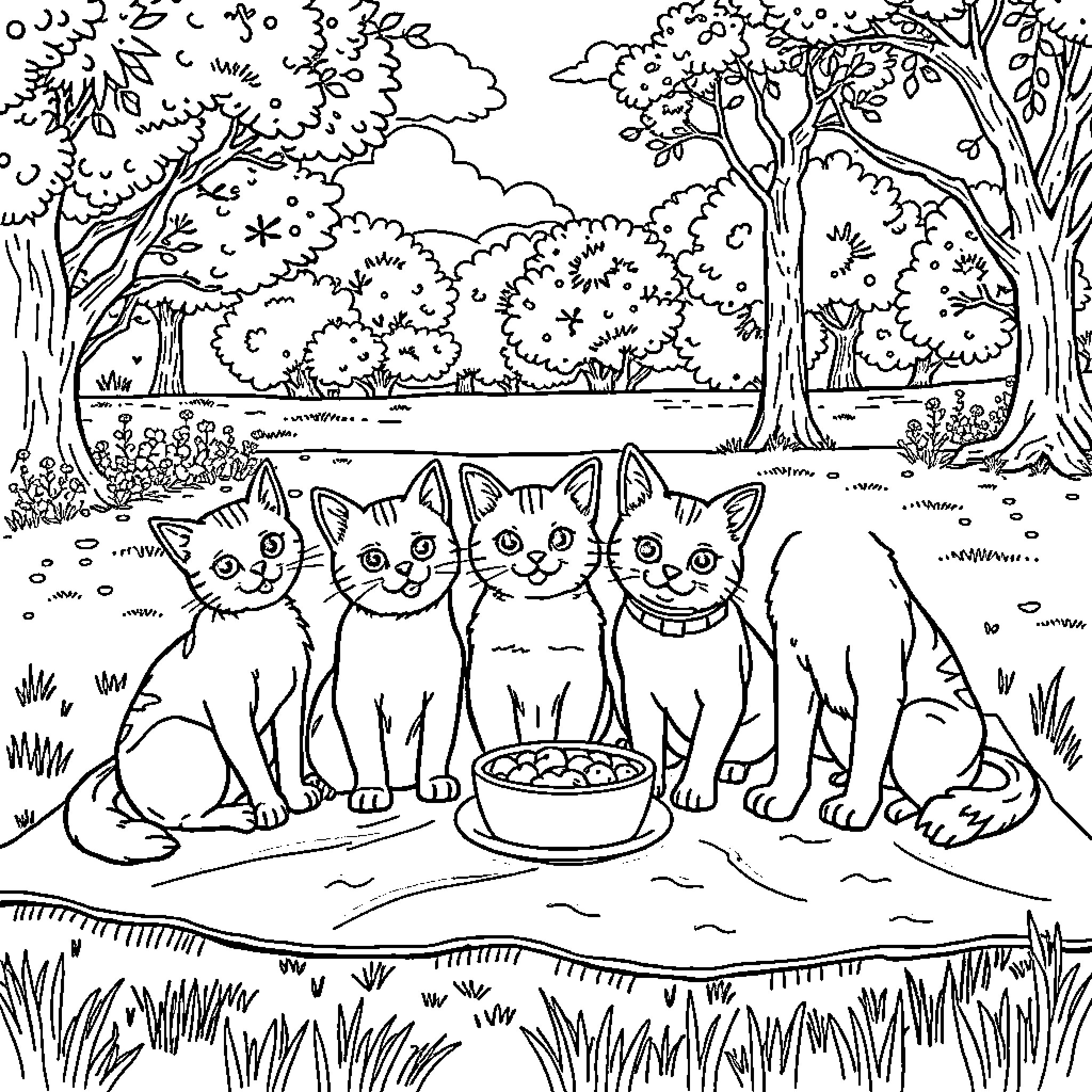 Cat and Dog Enjoying a Picnic in the Park Coloring Page (free black-and-white line drawing printable PDF for all, from beginners to advanced learners, including children, teens, adults, and seniors)
