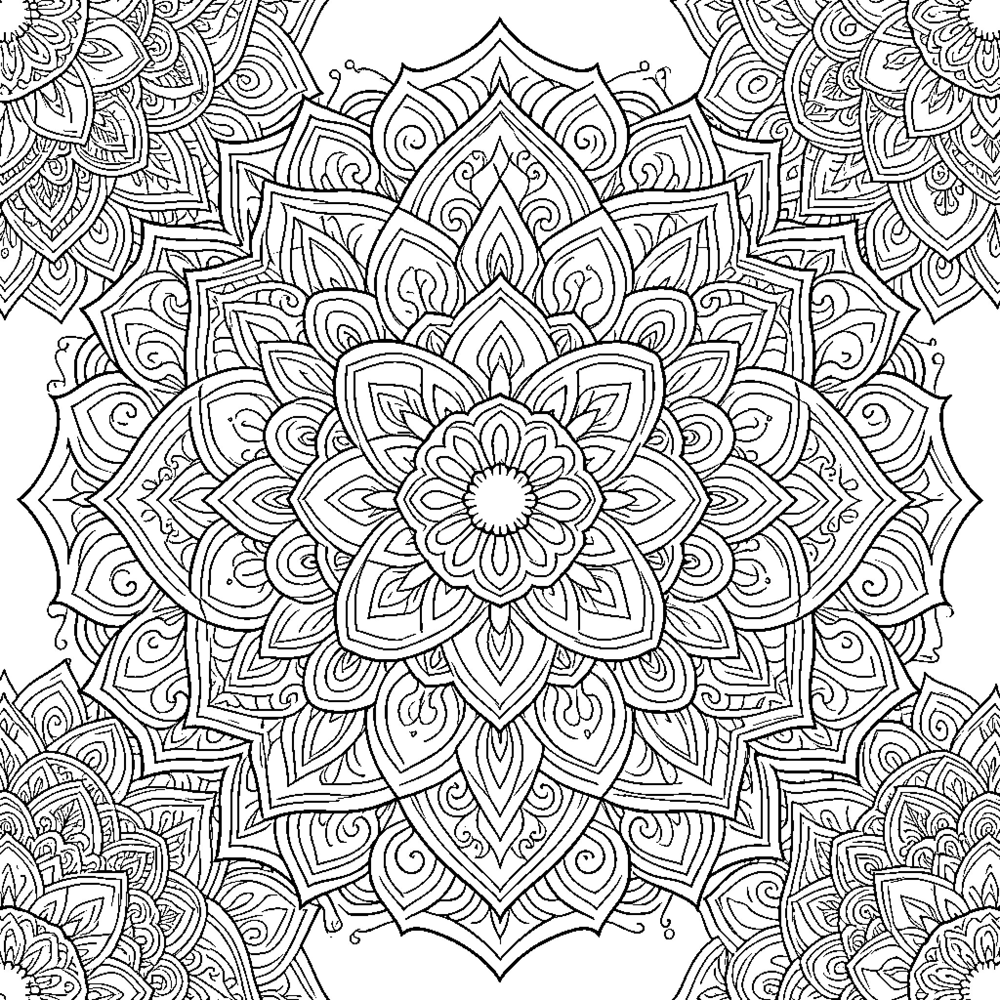 Mandalas featuring intricate floral and geometric petal patterns Coloring Page (free black-and-white line drawing printable PDF for all, from beginners to advanced learners, including children, teens, adults, and seniors)