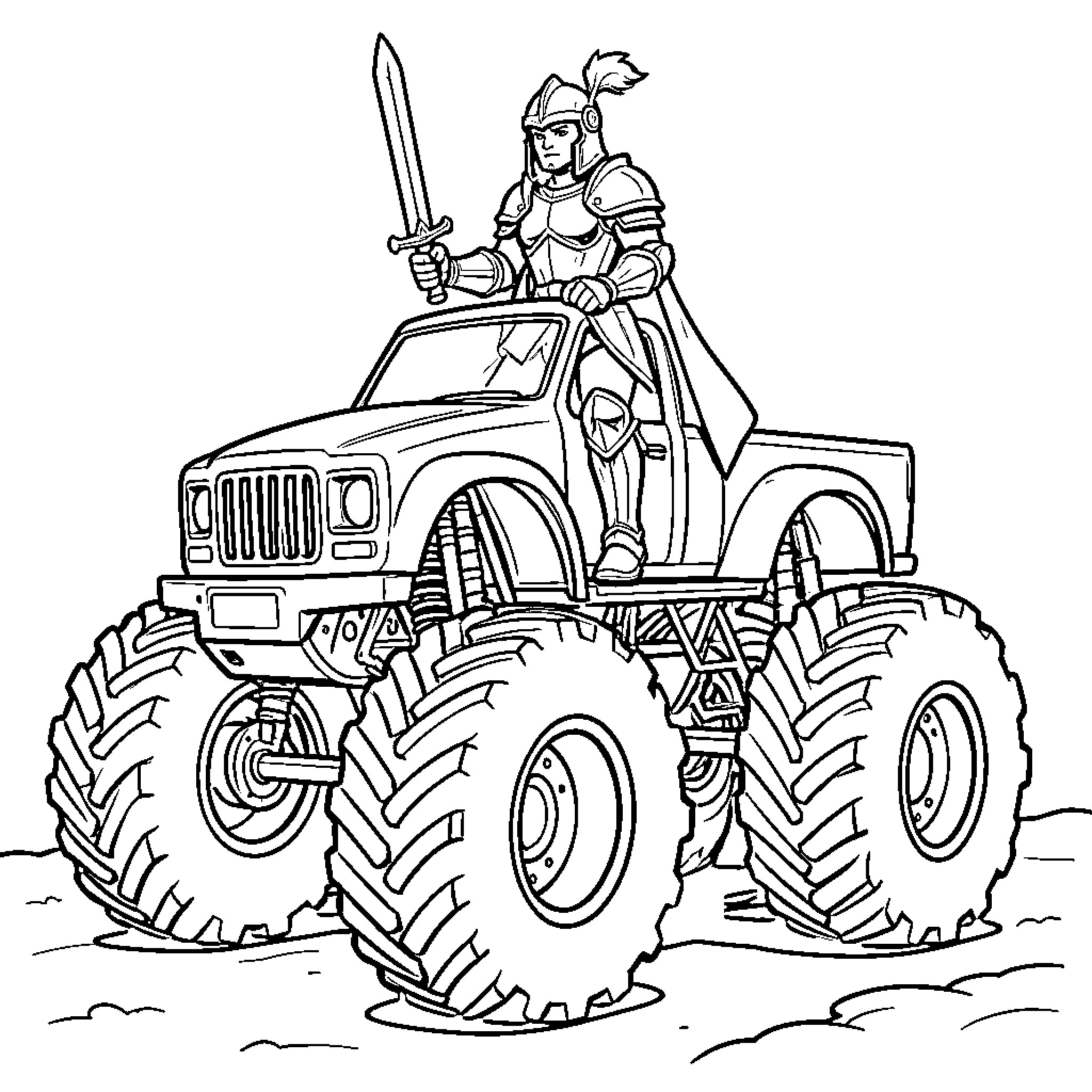Knight on a Mighty Monster Truck Coloring Page (free black-and-white line drawing printable PDF for all, from beginners to advanced learners, including children, teens, adults, and seniors)