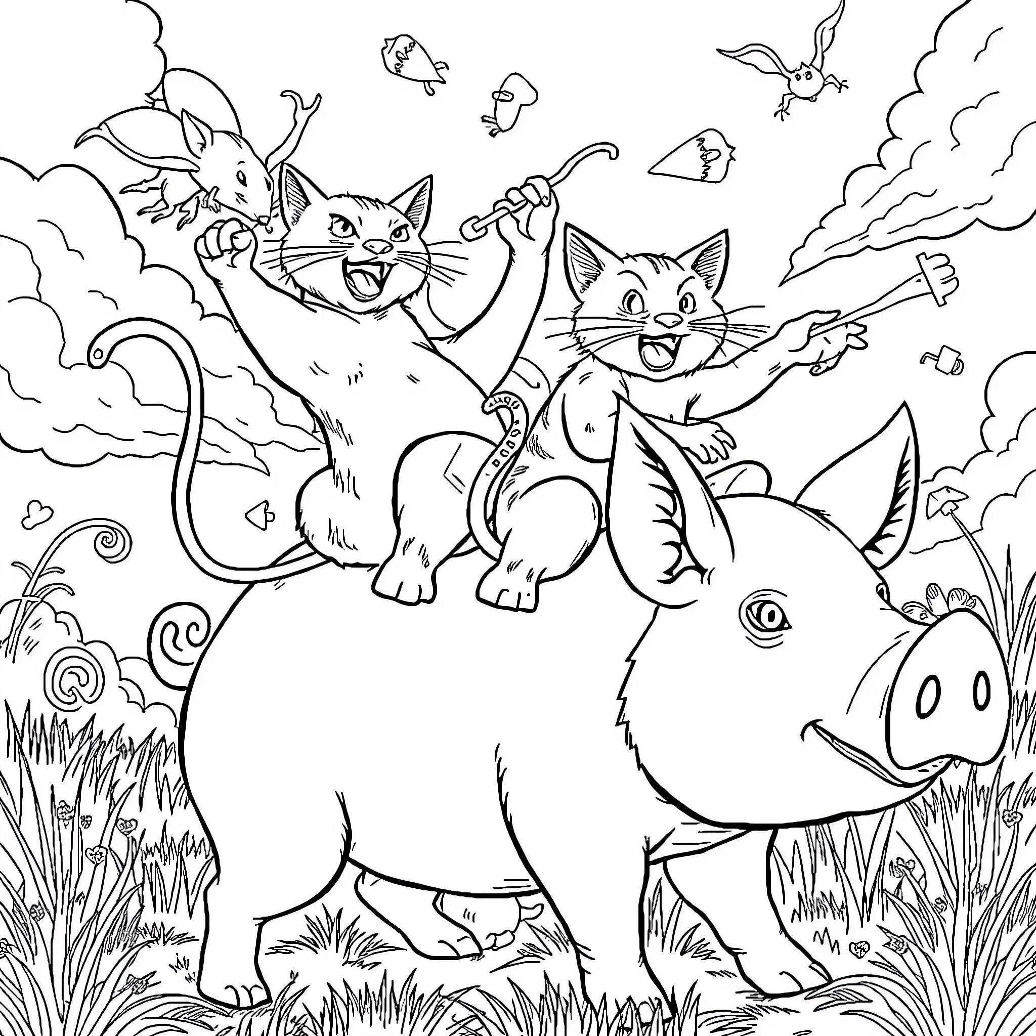 Cats playing happily with forest animals Coloring Page (free black-and-white line drawing printable PDF for all, from beginners to advanced learners, including children, teens, adults, and seniors)
