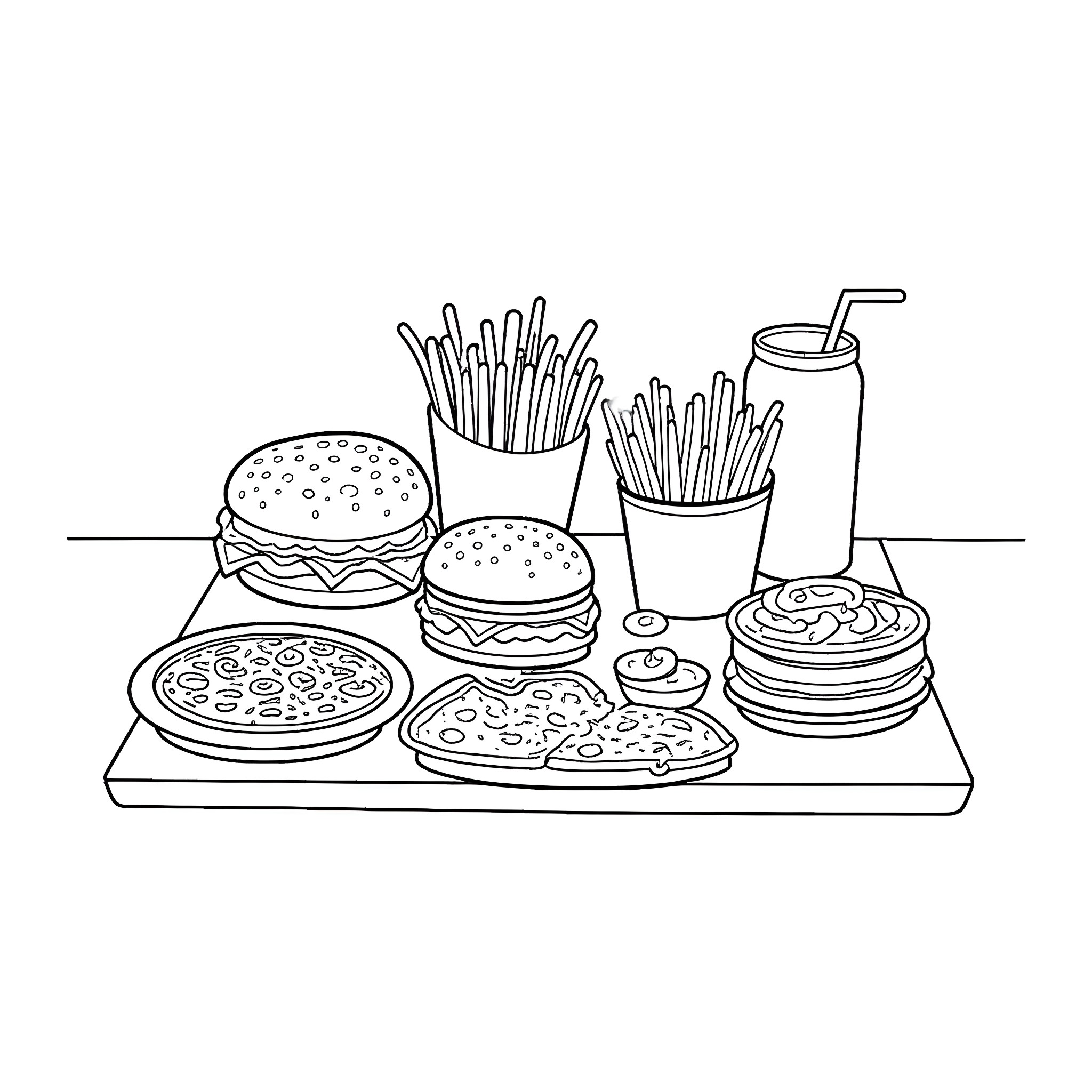 Junk Food Feast with Burgers, Fries, and Drinks Coloring Page (free black-and-white line drawing printable PDF for all, from beginners to advanced learners, including children, teens, adults, and seniors)