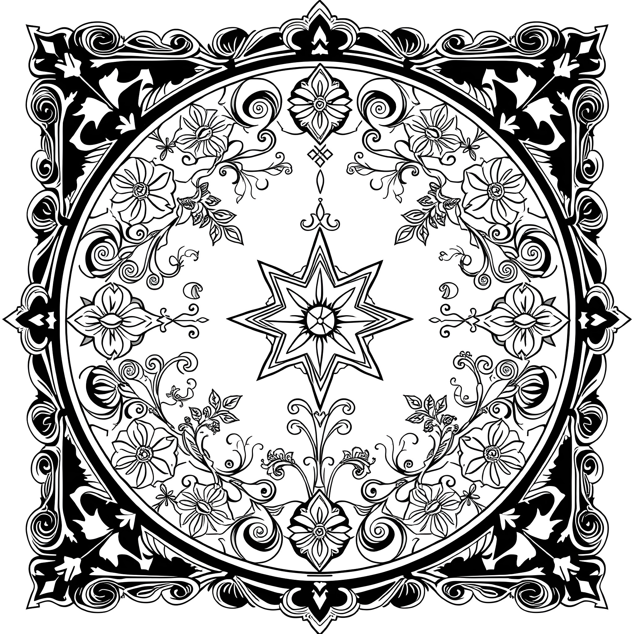 Nordic Pattern of Ornate Floral Designs and Intricate Motifs Coloring Page (free black-and-white line drawing printable PDF for all, from beginners to advanced learners, including children, teens, adults, and seniors)