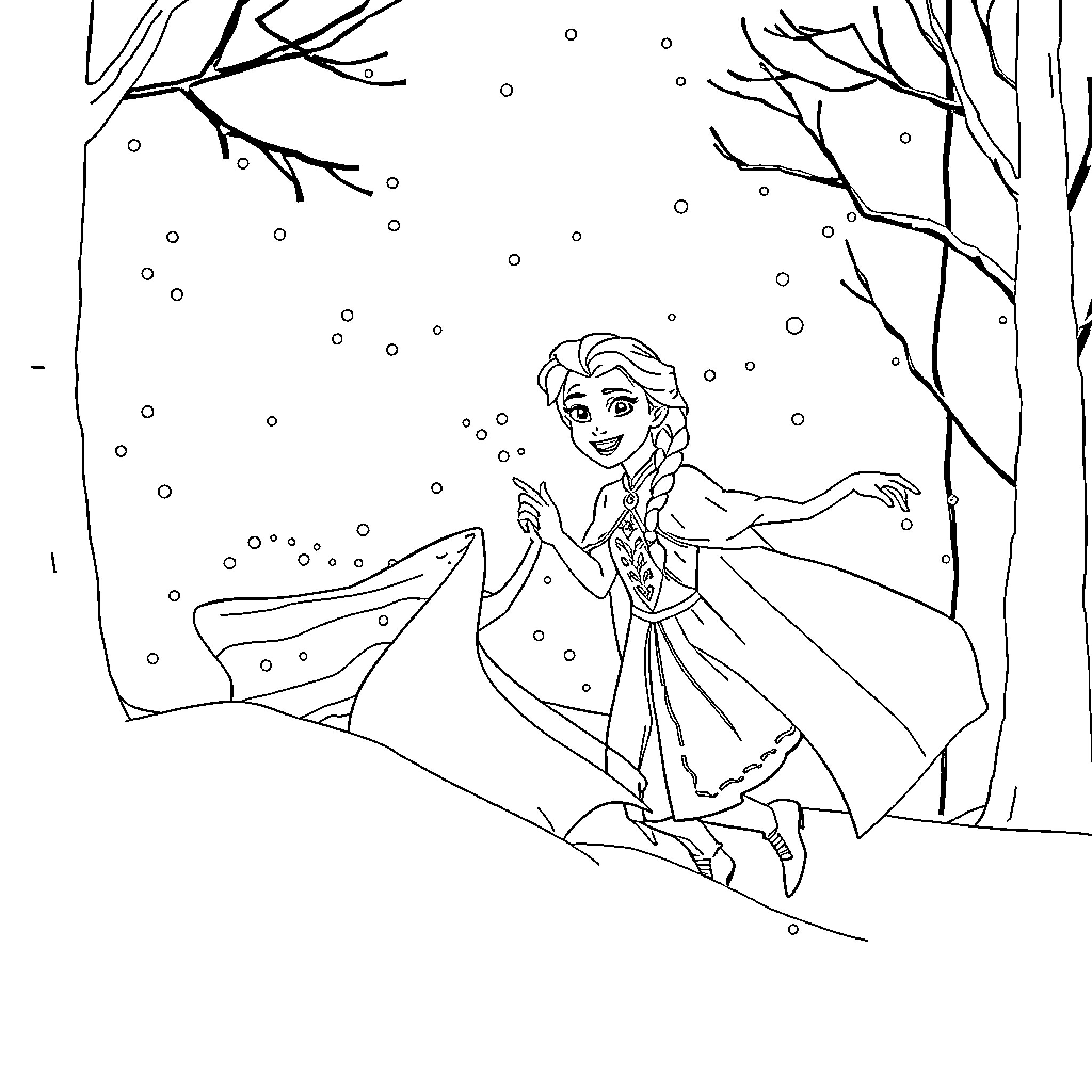 Elsa and Anna enjoying a snowy day Coloring Page (free black-and-white line drawing printable PDF for all, from beginners to advanced learners, including children, teens, adults, and seniors)