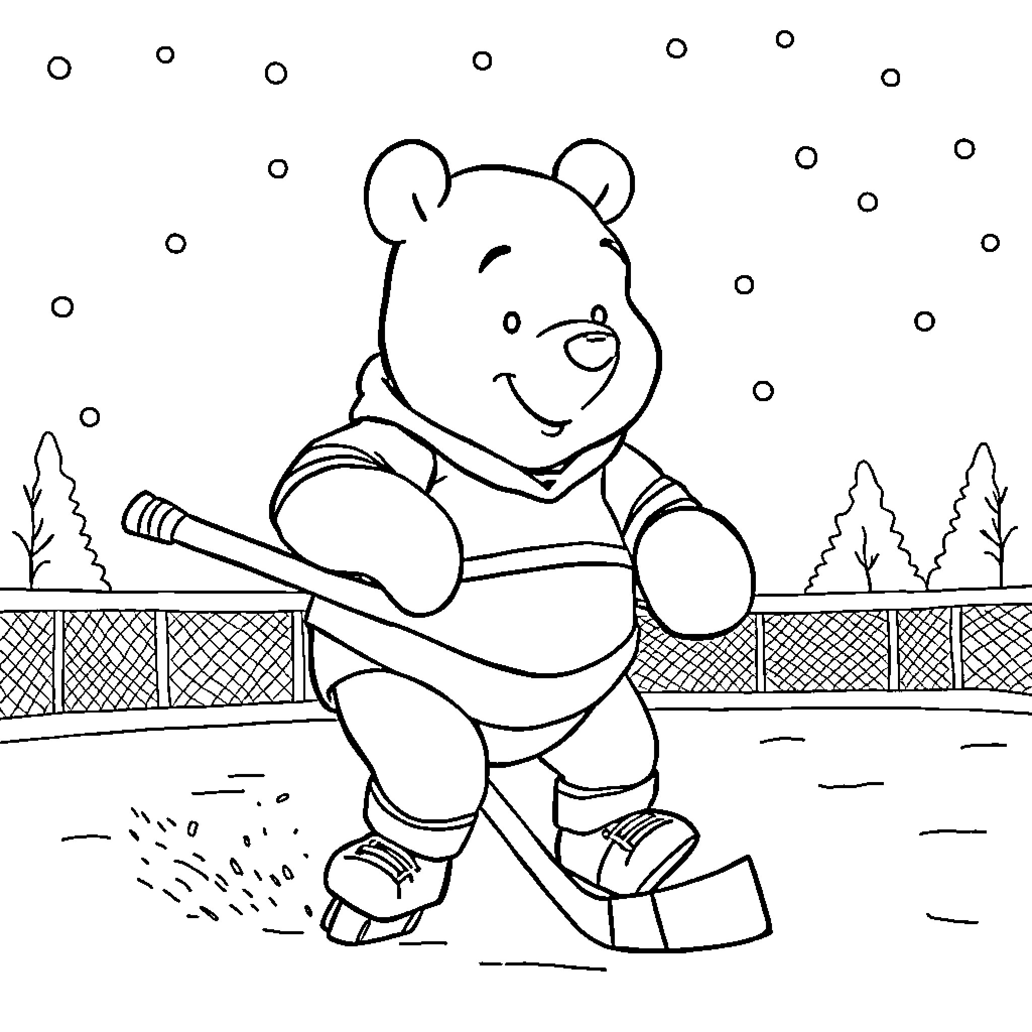 Winnie The Pooh enjoying winter outdoor activities Coloring Page (free black-and-white line drawing printable PDF for all, from beginners to advanced learners, including children, teens, adults, and seniors)