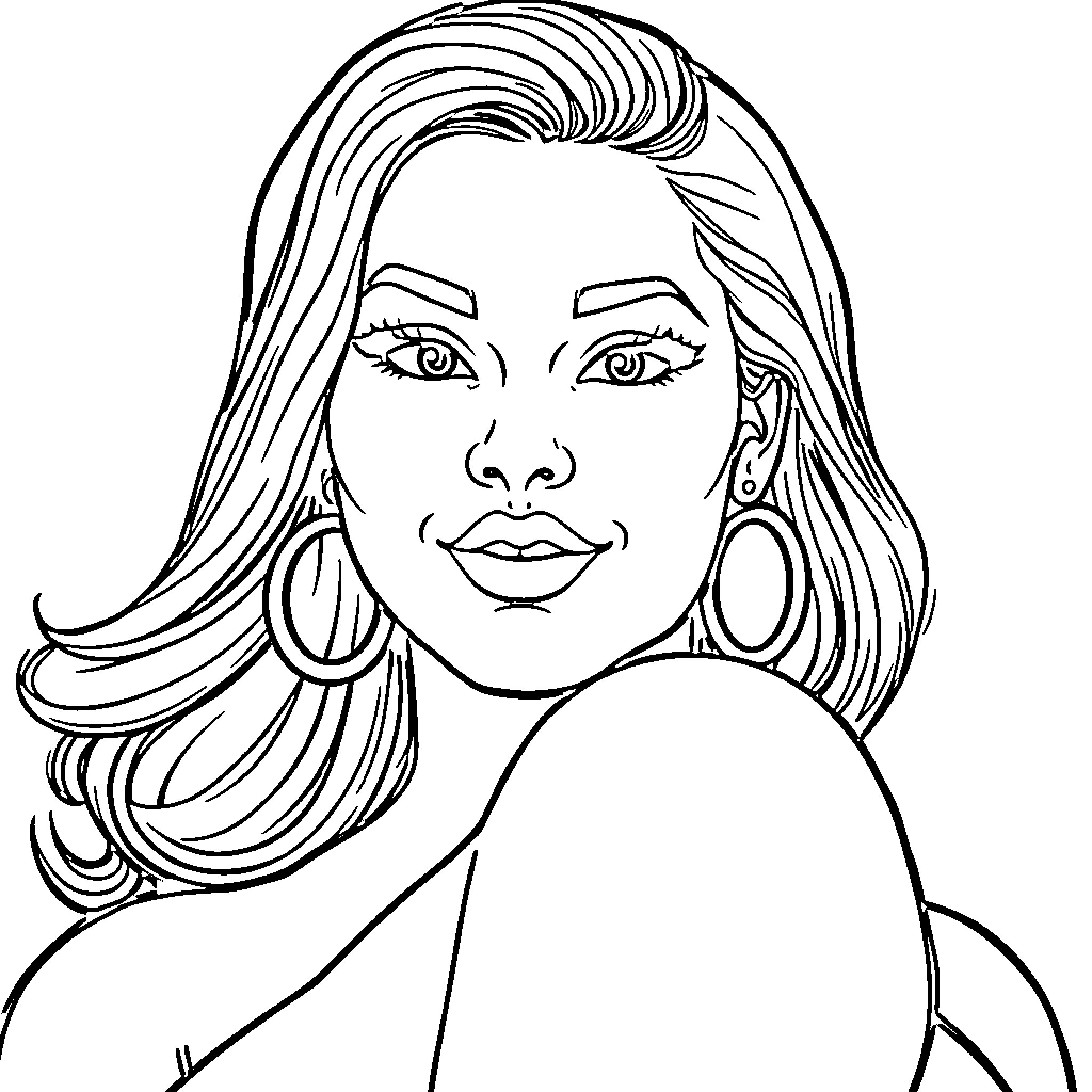 Latina woman with bold expression and hoop earrings Coloring Page (free black-and-white line drawing printable PDF for all, from beginners to advanced learners, including children, teens, adults, and seniors)