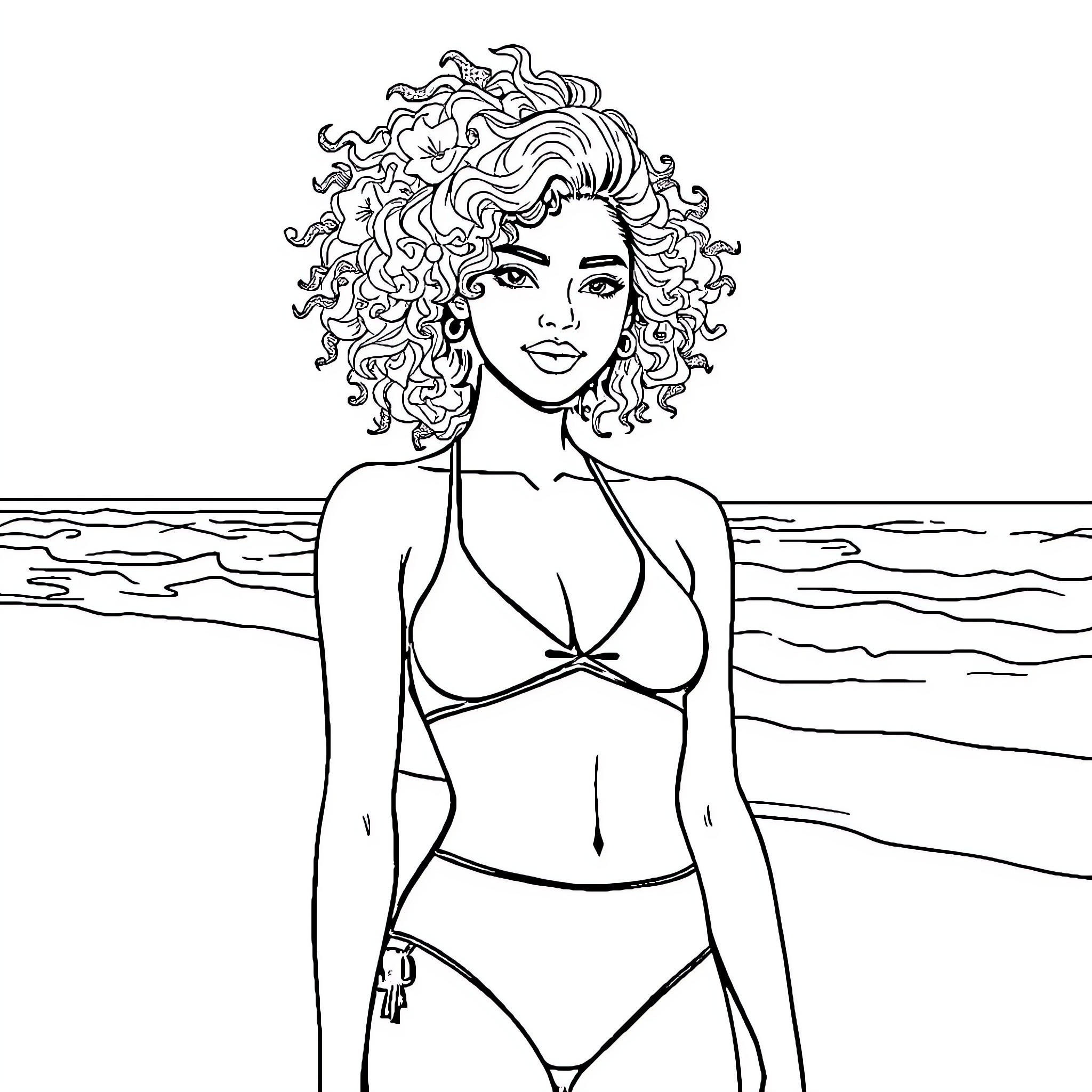 Woman posing confidently in a swimsuit on the beach Coloring Page (free black-and-white line drawing printable PDF for all, from beginners to advanced learners, including children, teens, adults, and seniors)