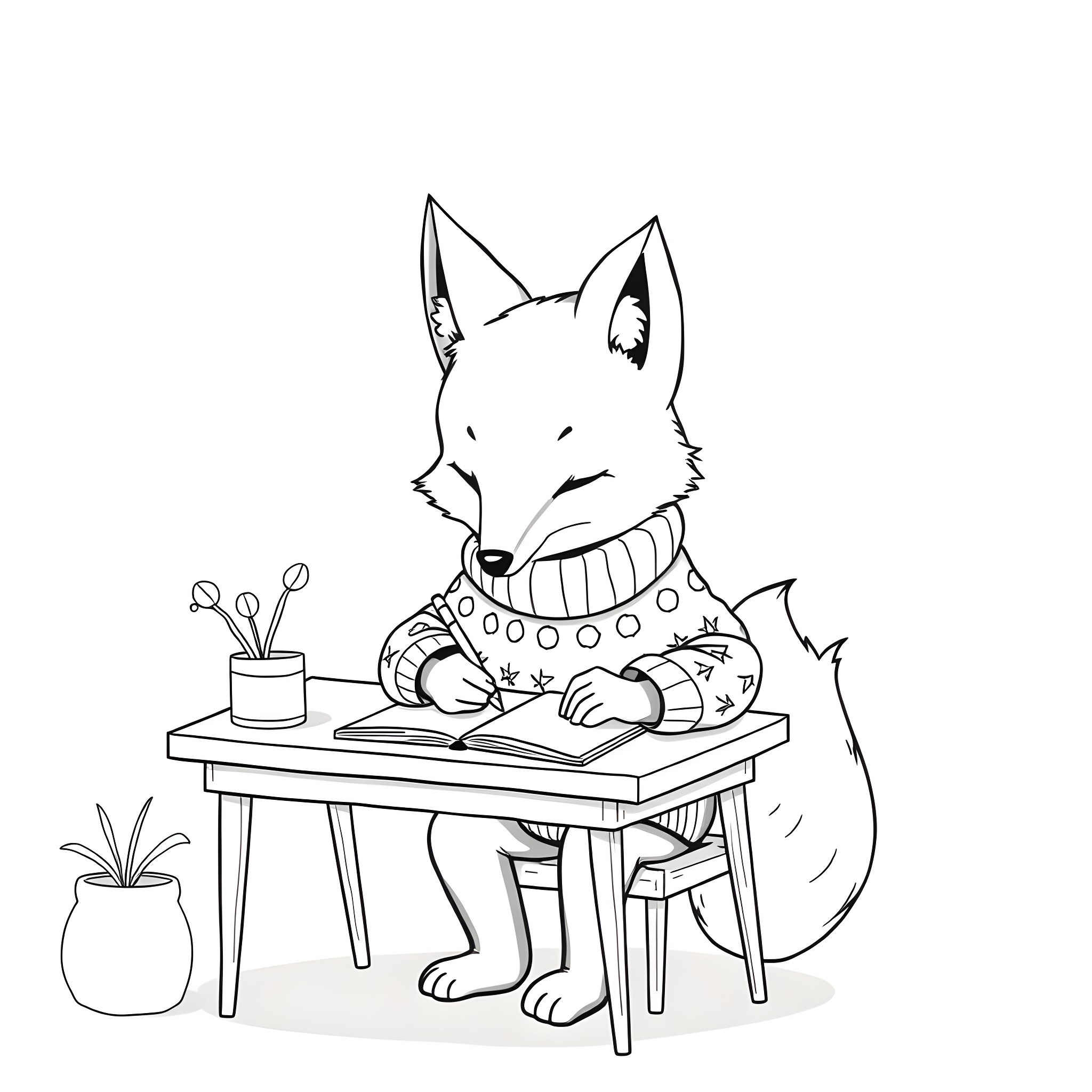 Fox working diligently at desk Coloring Page (free black-and-white line drawing printable PDF for all, from beginners to advanced learners, including children, teens, adults, and seniors)