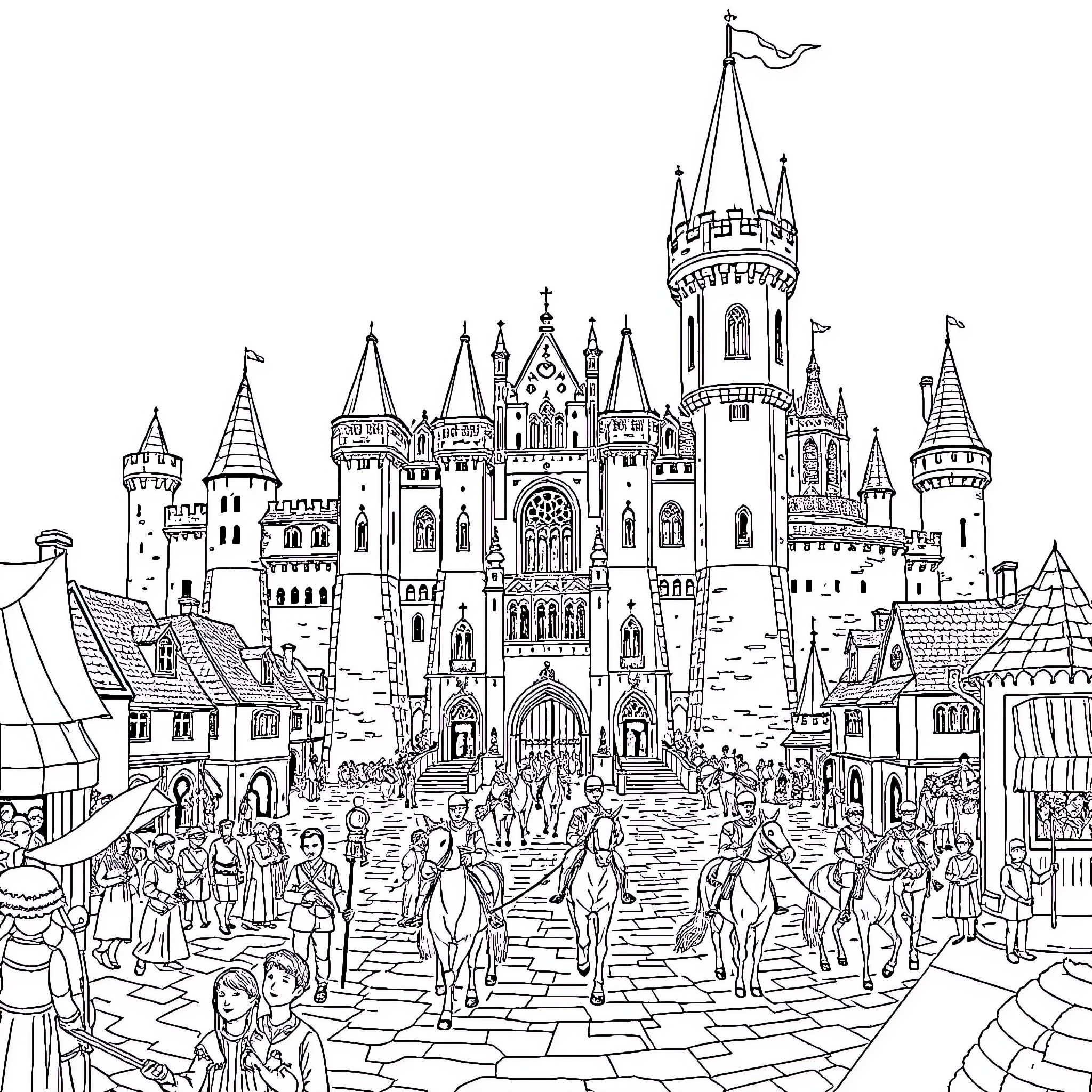 Castle with Intricate Architecture and Bustling Scene Coloring Page (free black-and-white line drawing printable PDF for all, from beginners to advanced learners, including children, teens, adults, and seniors)