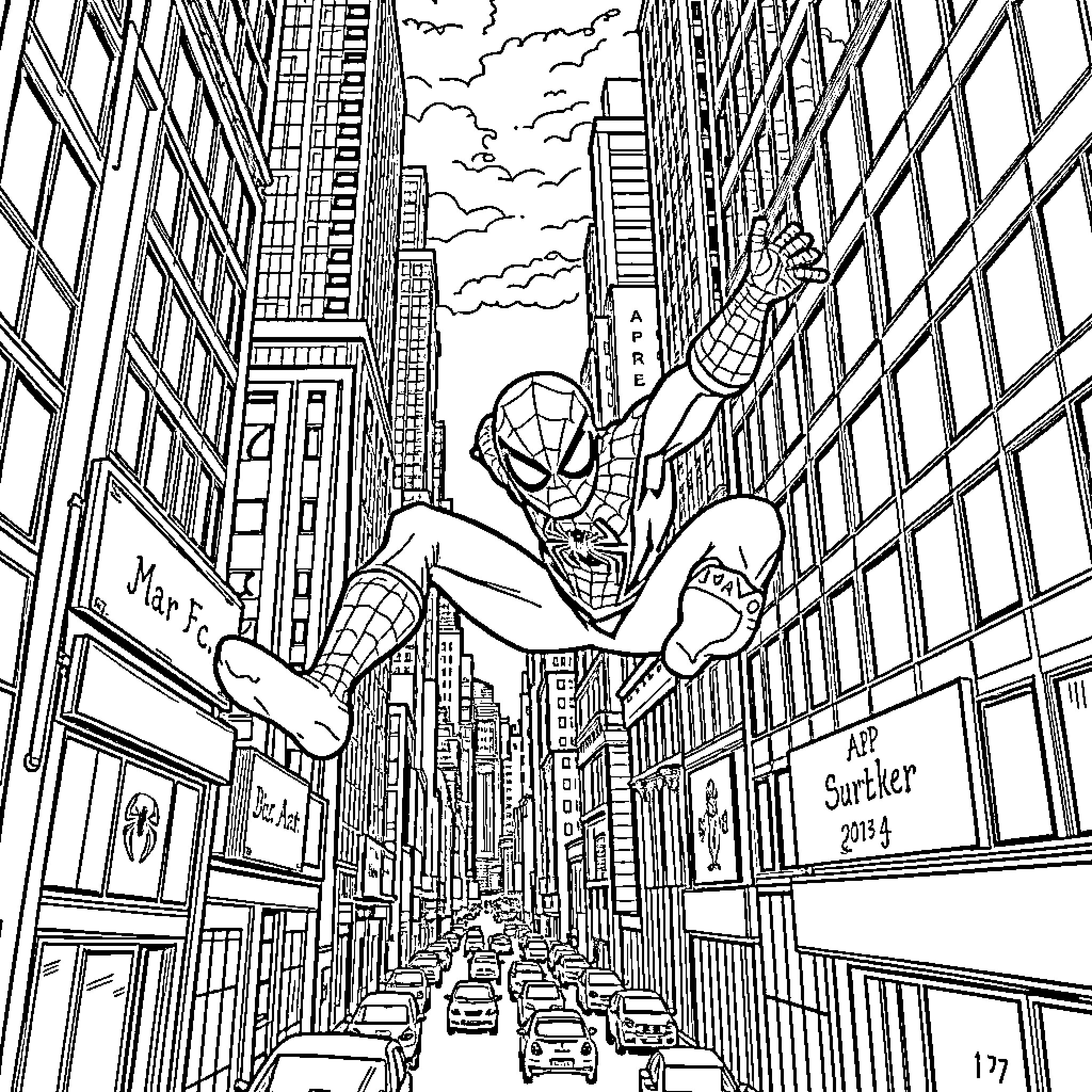 Spiderman swinging through a bustling city skyline Coloring Page (free black-and-white line drawing printable PDF for all, from beginners to advanced learners, including children, teens, adults, and seniors)