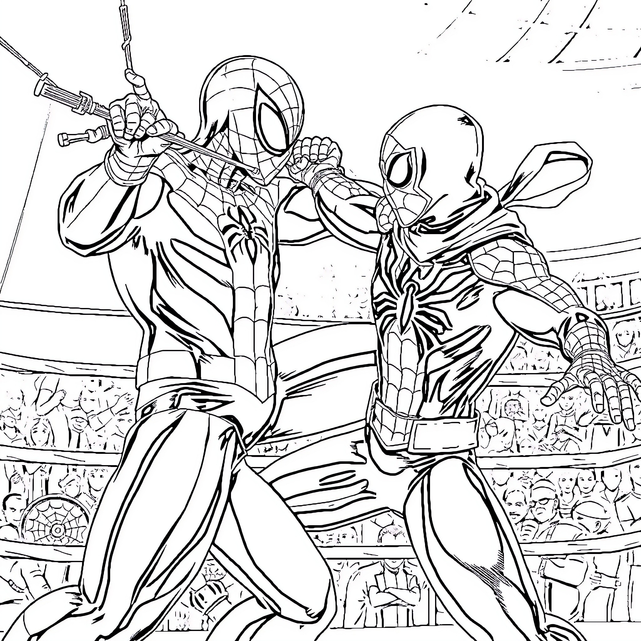 Spiderman heroic battle with a masked adversary Coloring Page (free black-and-white line drawing printable PDF for all, from beginners to advanced learners, including children, teens, adults, and seniors)