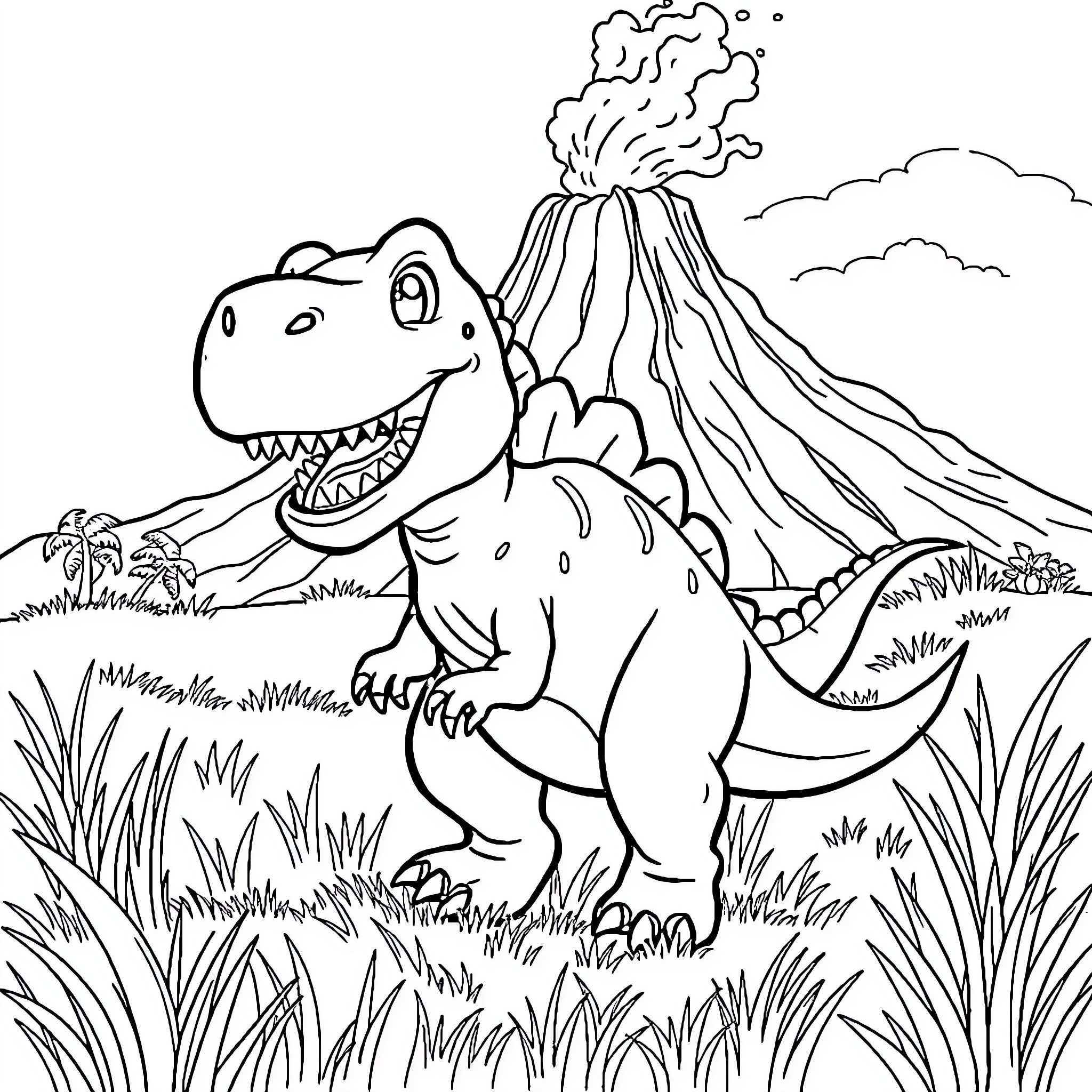 T-Rex erupting volcano exploring prehistoric landscape Coloring Page (free black-and-white line drawing printable PDF for all, from beginners to advanced learners, including children, teens, adults, and seniors)