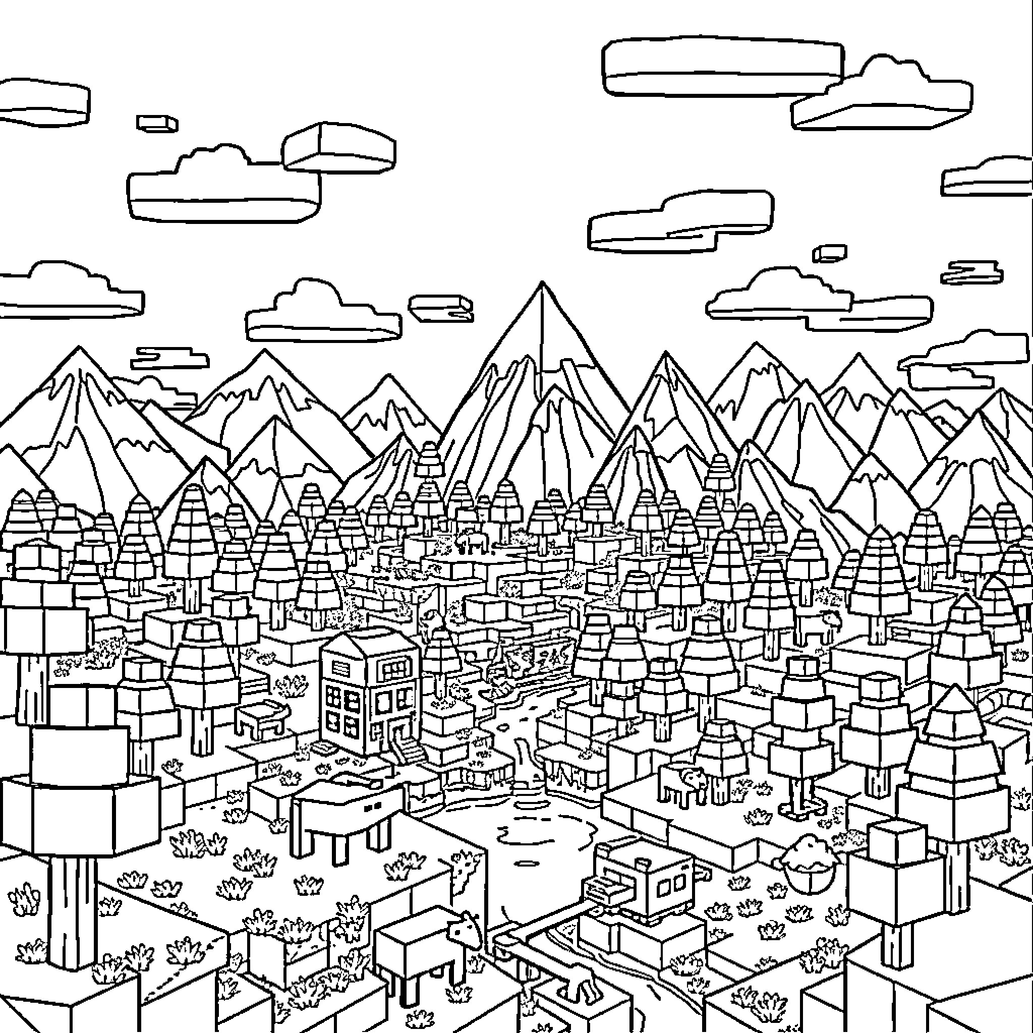 Minecraft Landscape with Varied Terrain and Structures Coloring Page (free black-and-white line drawing printable PDF for all, from beginners to advanced learners, including children, teens, adults, and seniors)
