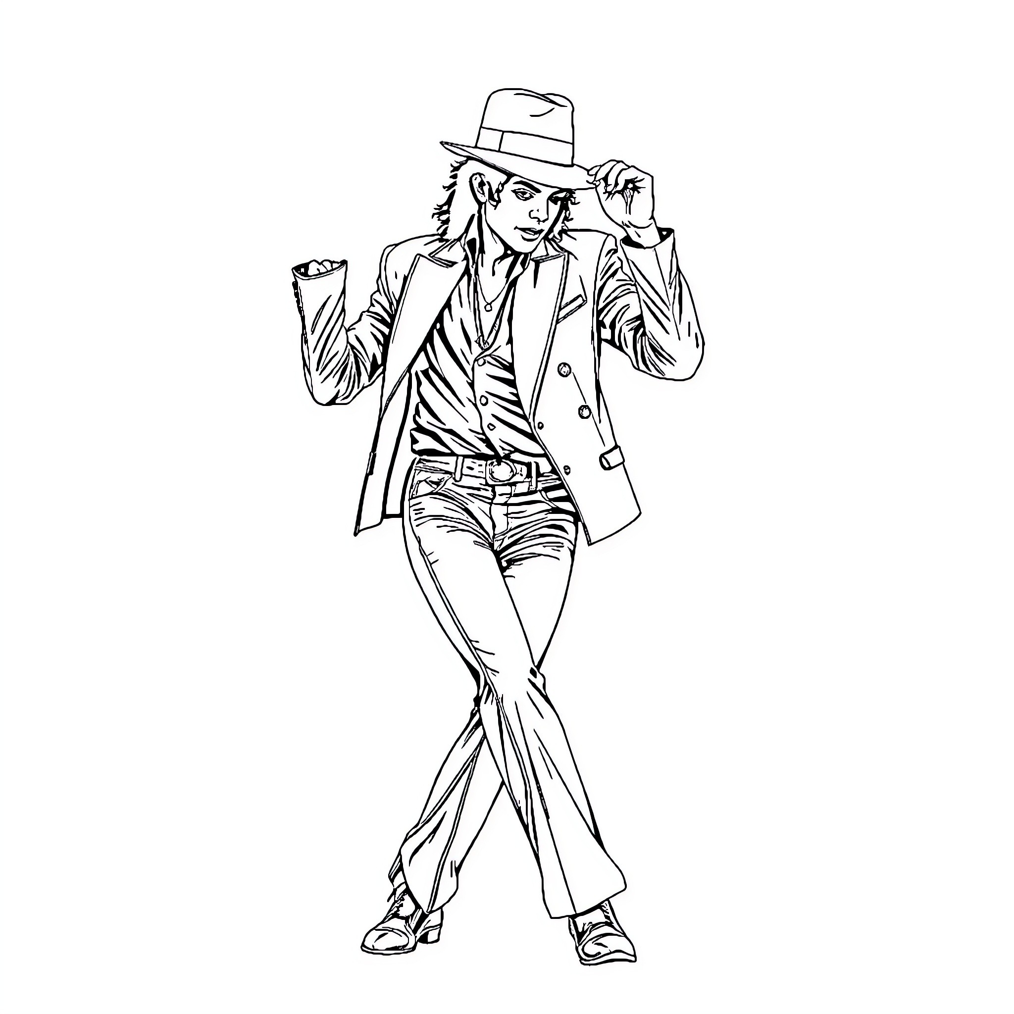 Michael Jackson performing in a stylish outfit Coloring Page (free black-and-white line drawing printable PDF for all, from beginners to advanced learners, including children, teens, adults, and seniors)