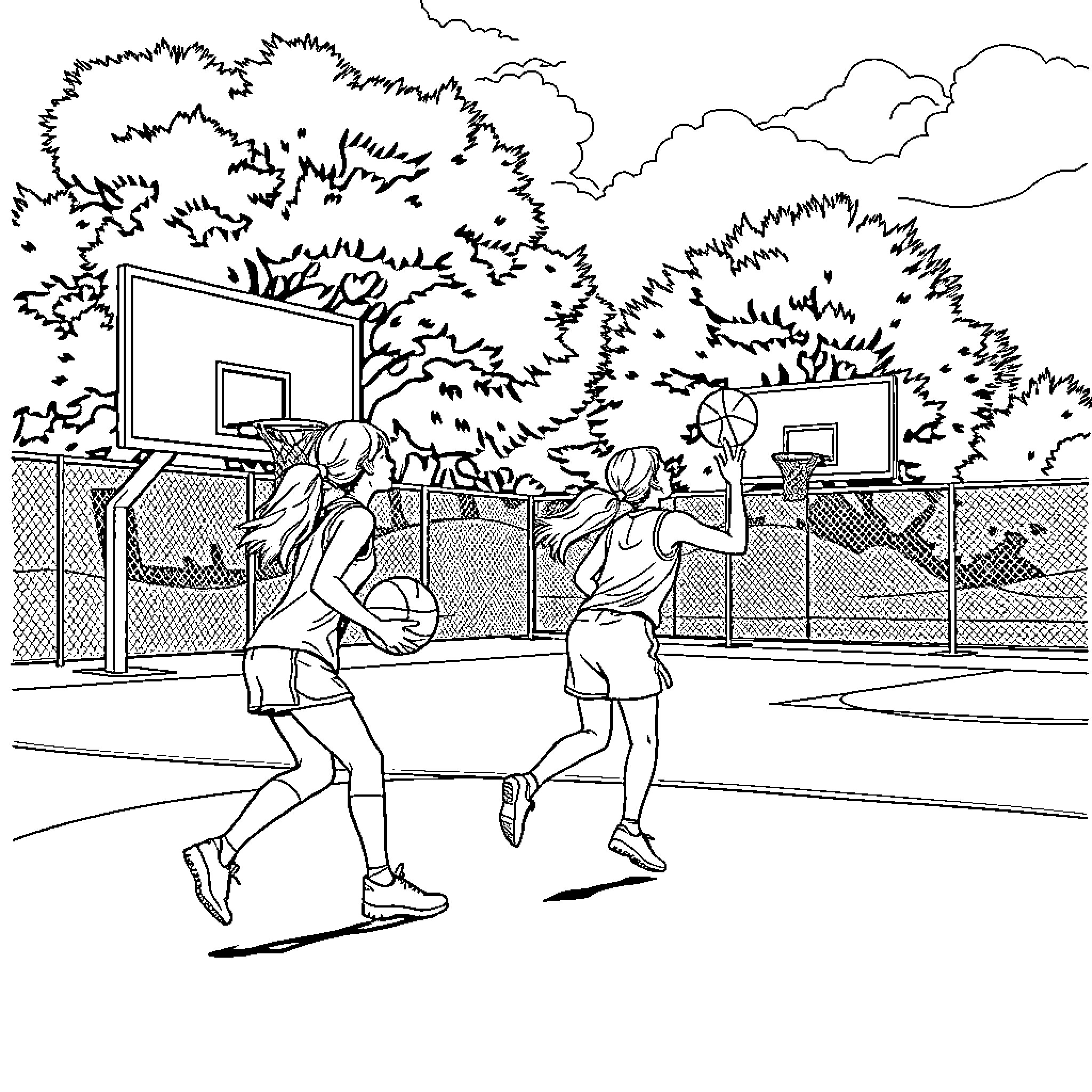 Girls playing basketball on outdoor court Coloring Page (free black-and-white line drawing printable PDF for all, from beginners to advanced learners, including children, teens, adults, and seniors)