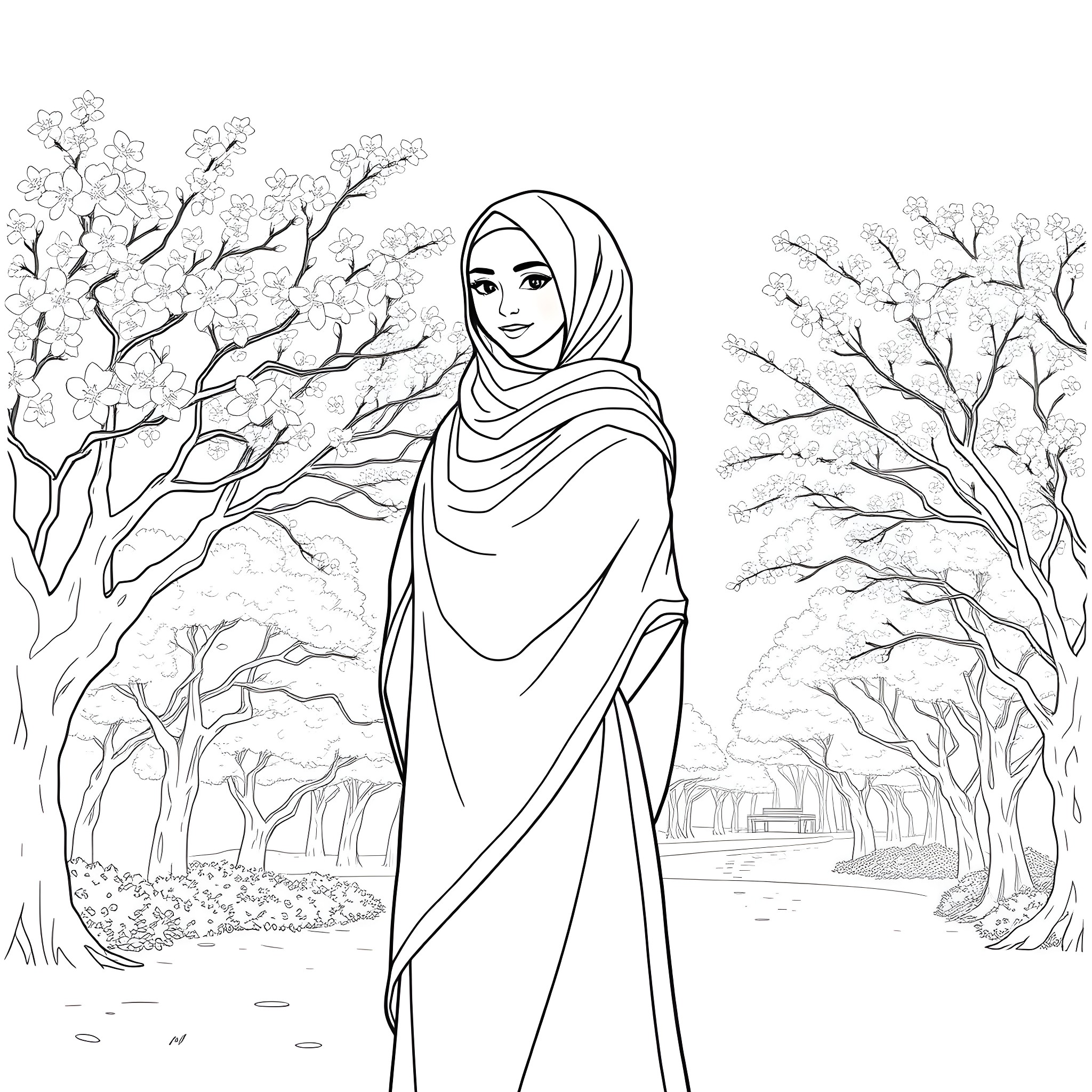 Hijabi Girl Enjoying the Serene Floral Landscape Coloring Page (free black-and-white line drawing printable PDF for all, from beginners to advanced learners, including children, teens, adults, and seniors)