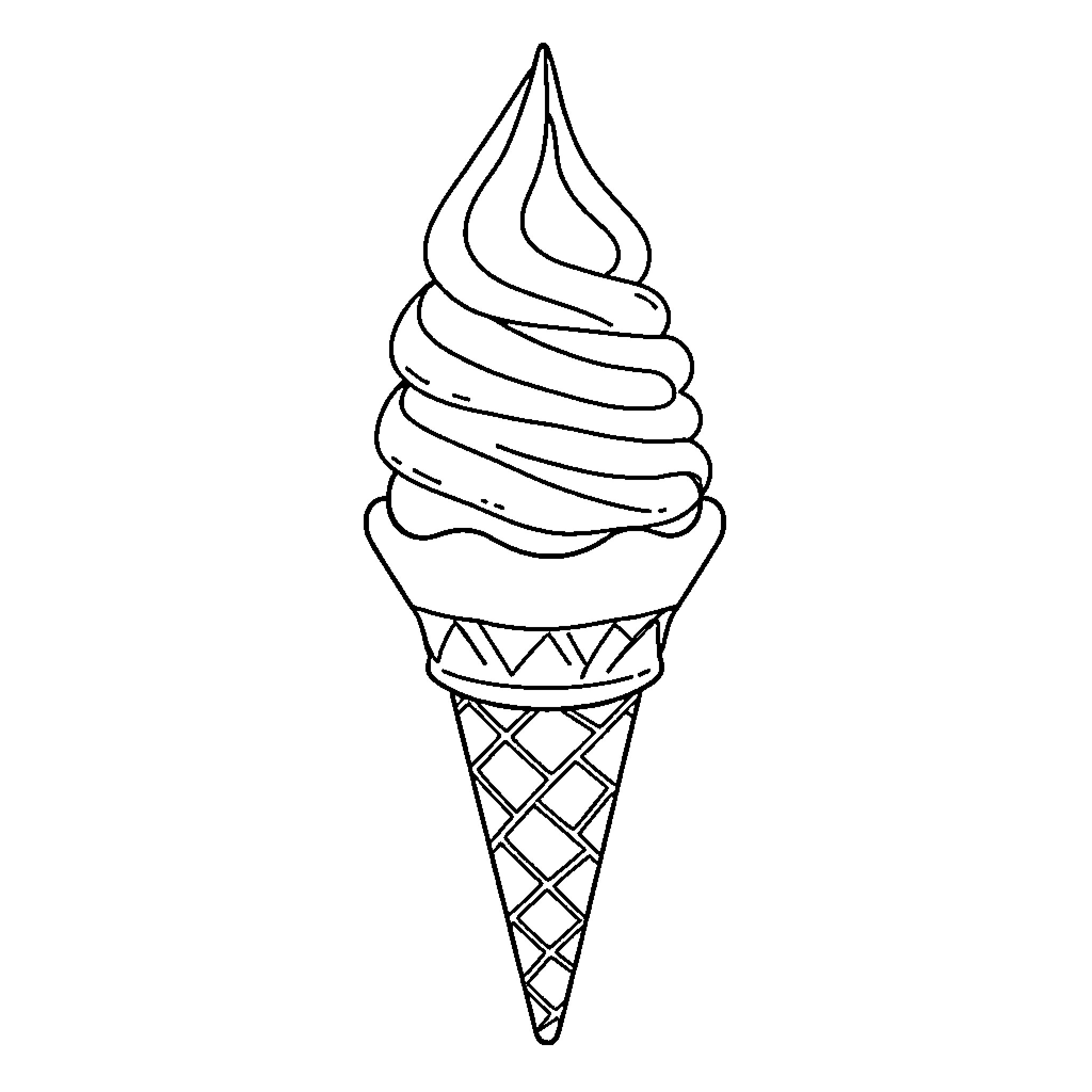 Ice Cream Cone with Swirled Topping Coloring Page (free black-and-white line drawing printable PDF for all, from beginners to advanced learners, including children, teens, adults, and seniors)