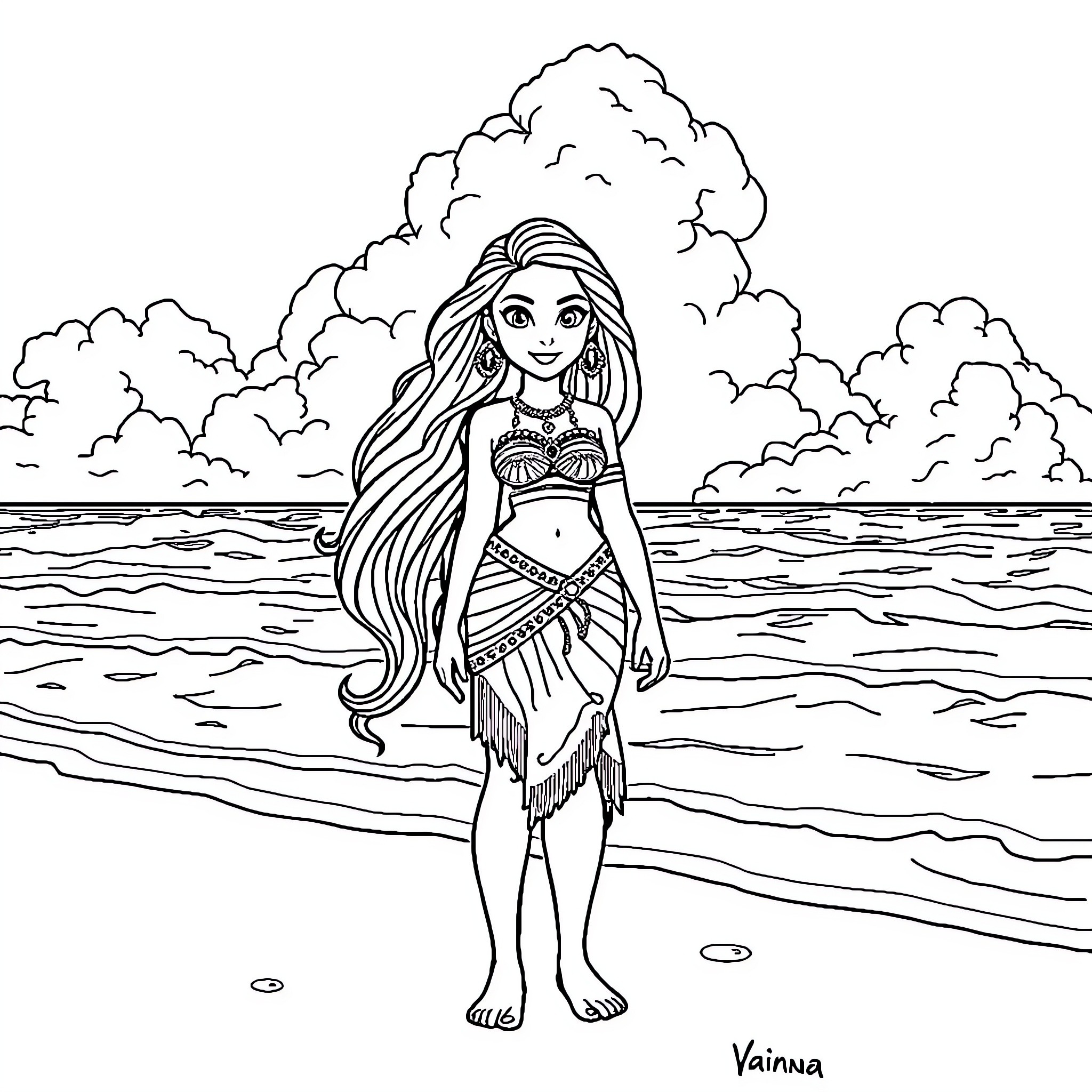 Moana exploring the tropical beach Coloring Page (free black-and-white line drawing printable PDF for all, from beginners to advanced learners, including children, teens, adults, and seniors)
