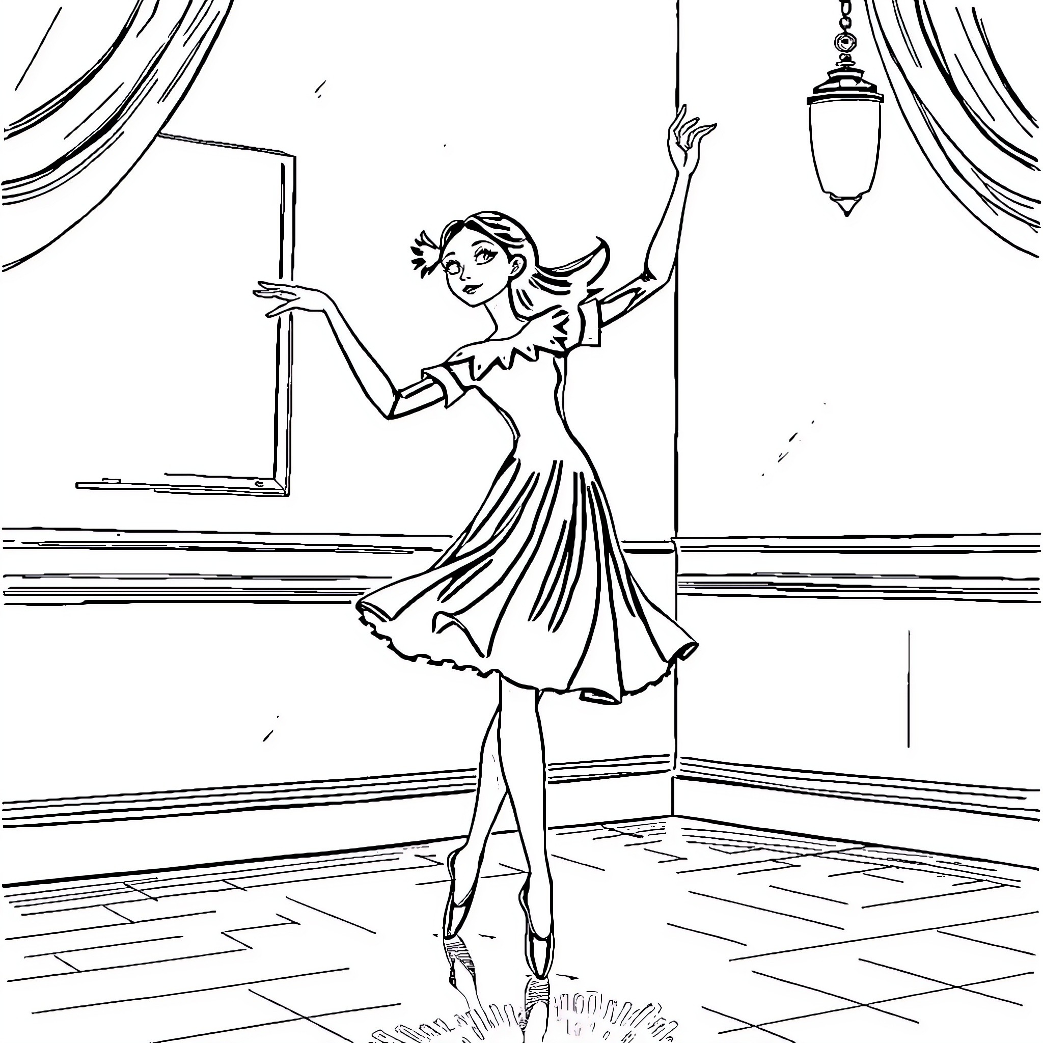 Wednesday Addams' Graceful Ballet Performance Coloring Page (free black-and-white line drawing printable PDF for all, from beginners to advanced learners, including children, teens, adults, and seniors)