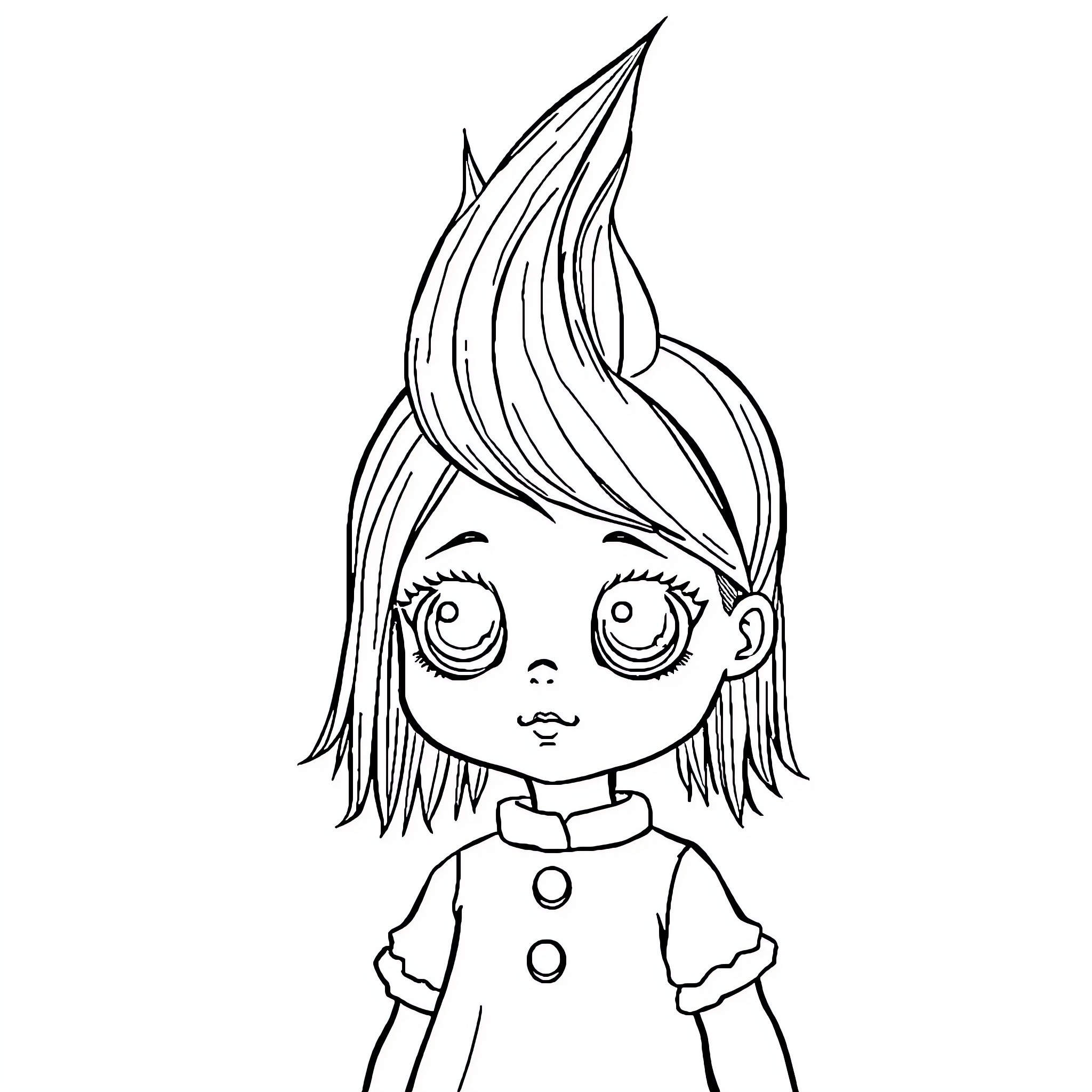 Babydoll with big eyes and unique hairstyle Coloring Page (free black-and-white line drawing printable PDF for all, from beginners to advanced learners, including children, teens, adults, and seniors)