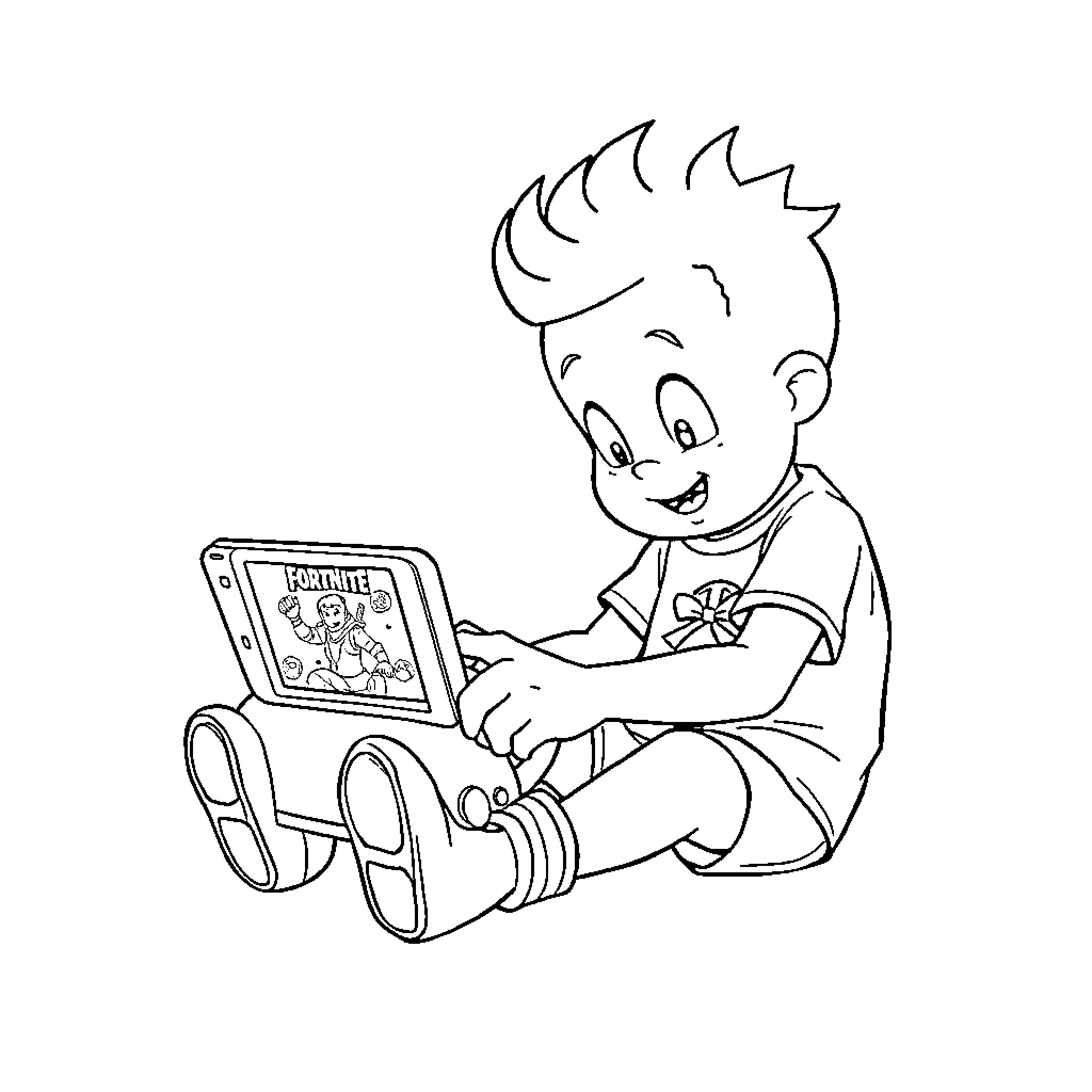 Tommy Pickles Happily Playing Video Game Coloring Page (free black-and-white line drawing printable PDF for all, from beginners to advanced learners, including children, teens, adults, and seniors)