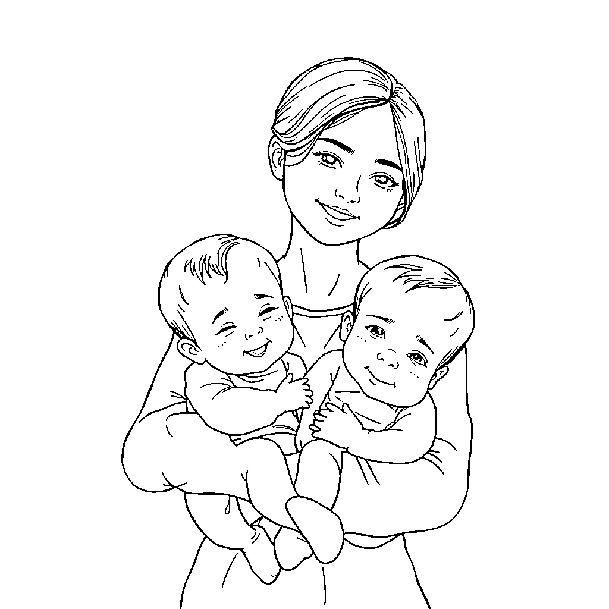 Woman embracing two smiling children Coloring Page (free black-and-white line drawing printable PDF for all, from beginners to advanced learners, including children, teens, adults, and seniors)