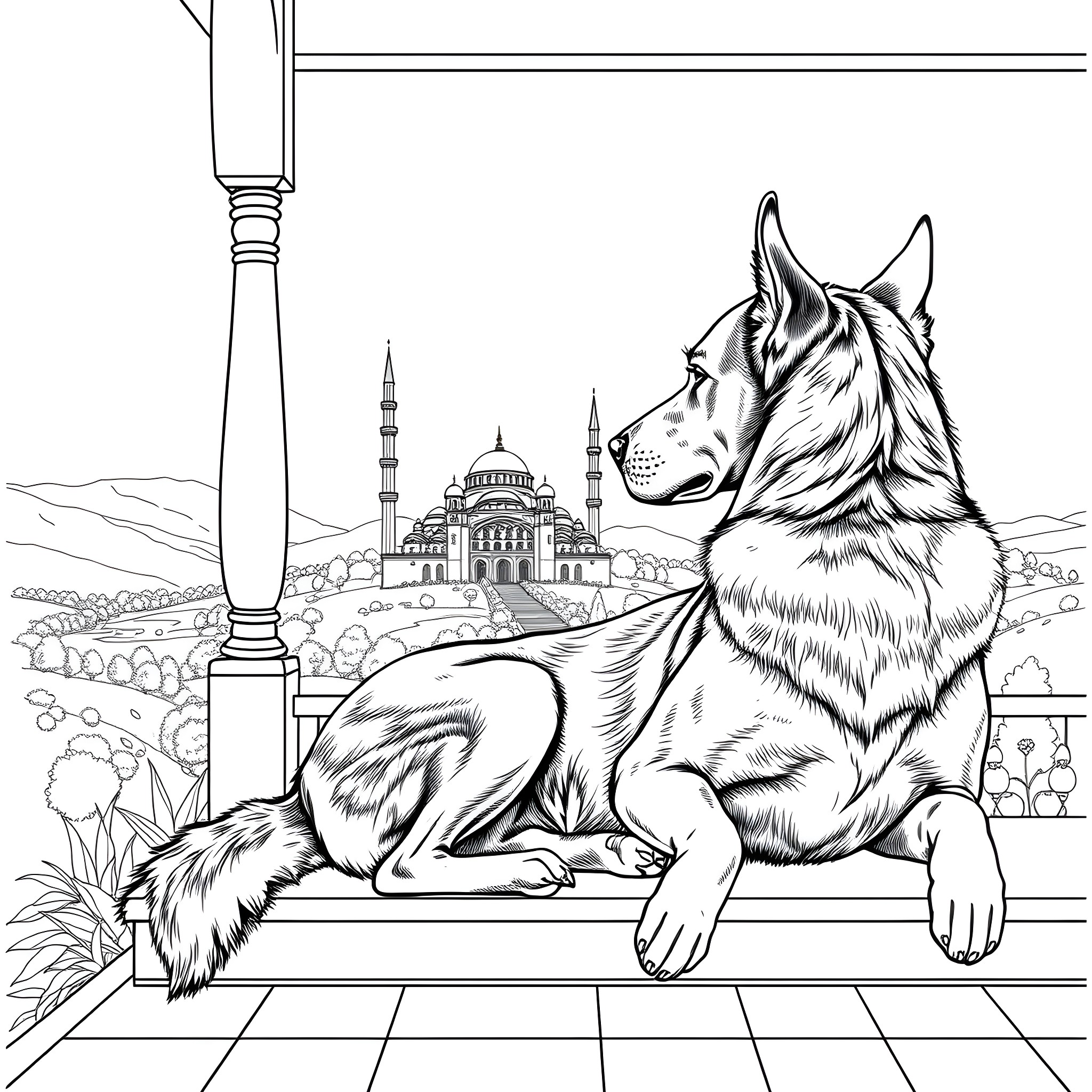 Kangal Dog Resting Near Majestic Mosque Coloring Page (free black-and-white line drawing printable PDF for all, from beginners to advanced learners, including children, teens, adults, and seniors)