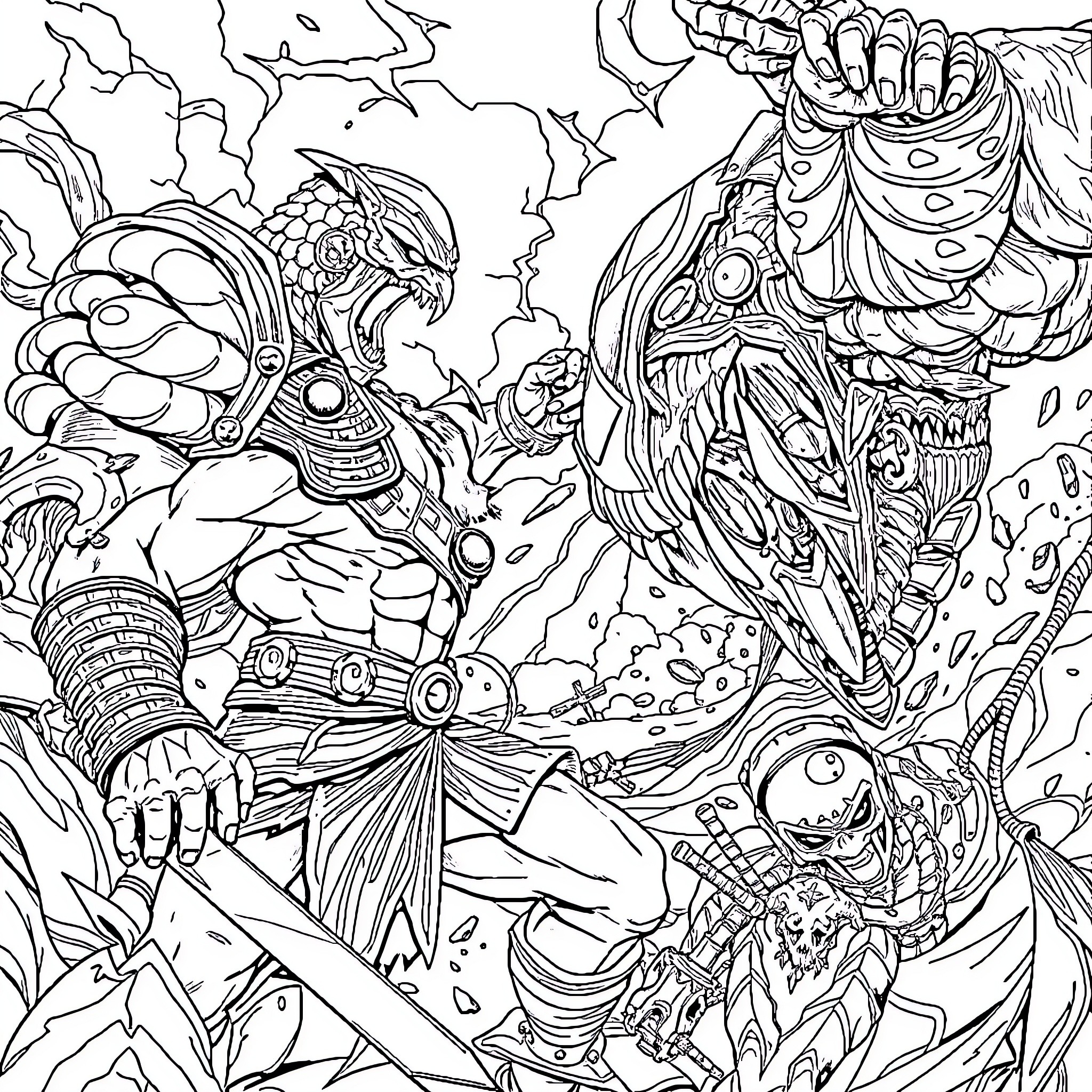 Kratos in an epic battle against monstrous beings Coloring Page (free black-and-white line drawing printable PDF for all, from beginners to advanced learners, including children, teens, adults, and seniors)