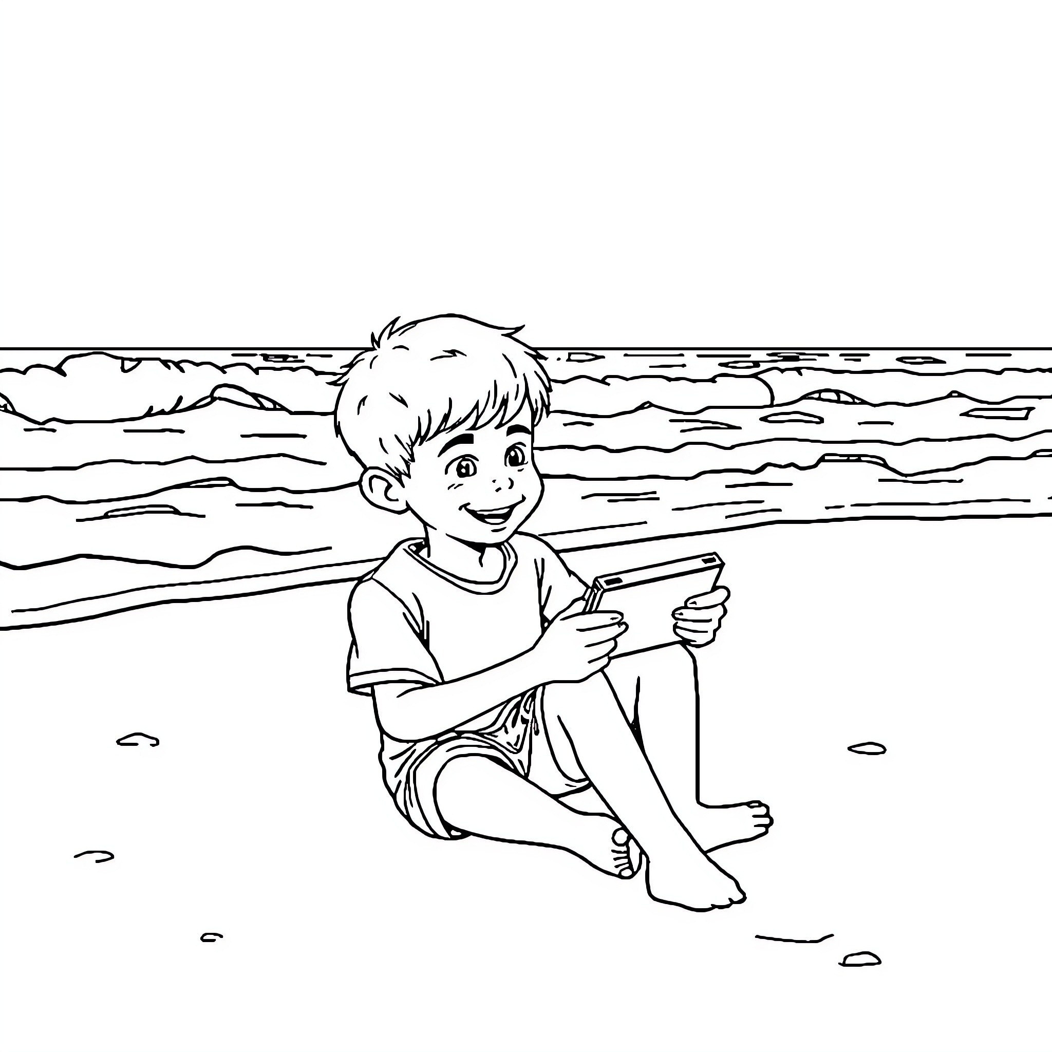 Boy playing happily on the beach Coloring Page (free black-and-white line drawing printable PDF for all, from beginners to advanced learners, including children, teens, adults, and seniors)
