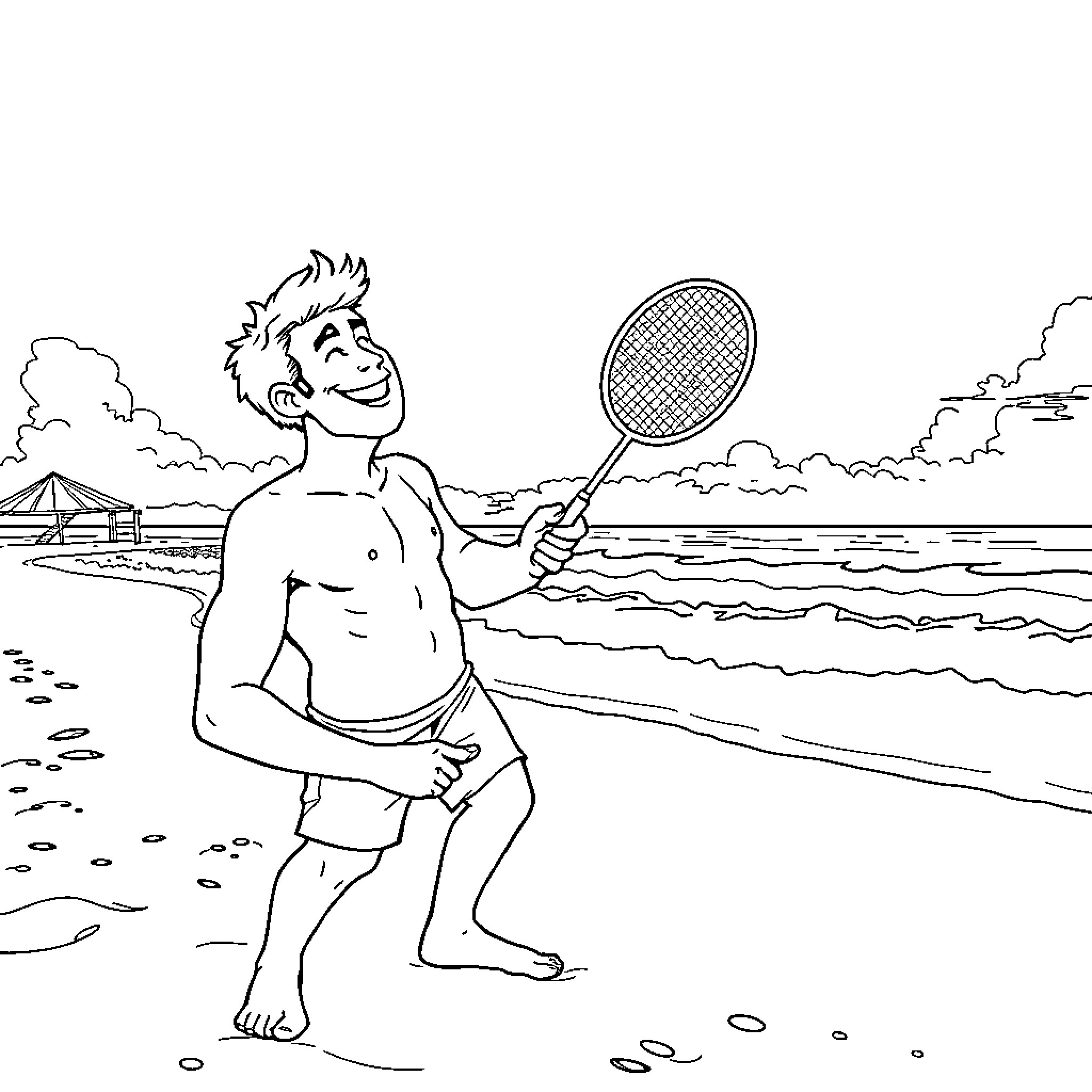 Barman playing beach tennis on the shore Coloring Page (free black-and-white line drawing printable PDF for all, from beginners to advanced learners, including children, teens, adults, and seniors)