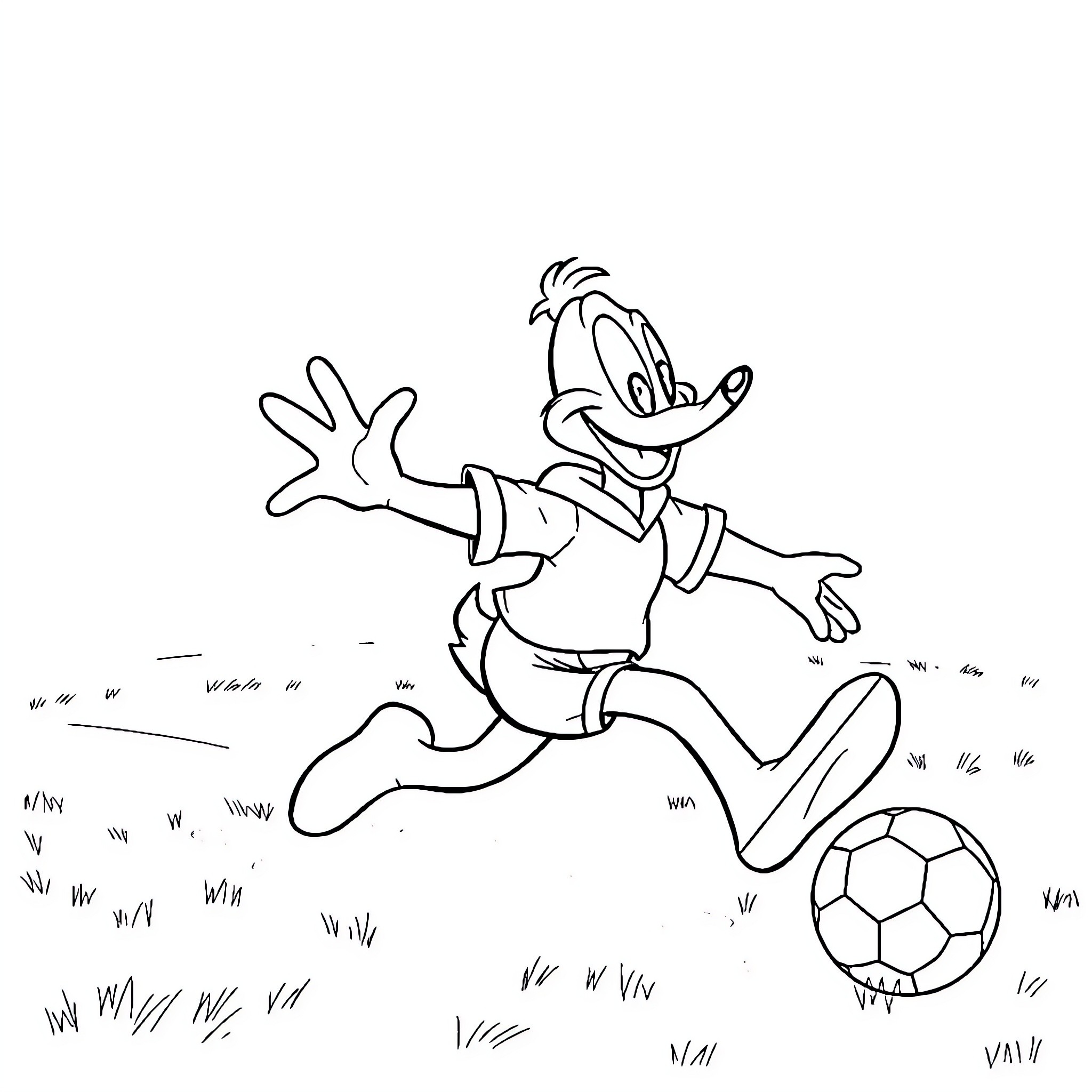 Daffy Duck playing soccer on the field Coloring Page (free black-and-white line drawing printable PDF for all, from beginners to advanced learners, including children, teens, adults, and seniors)