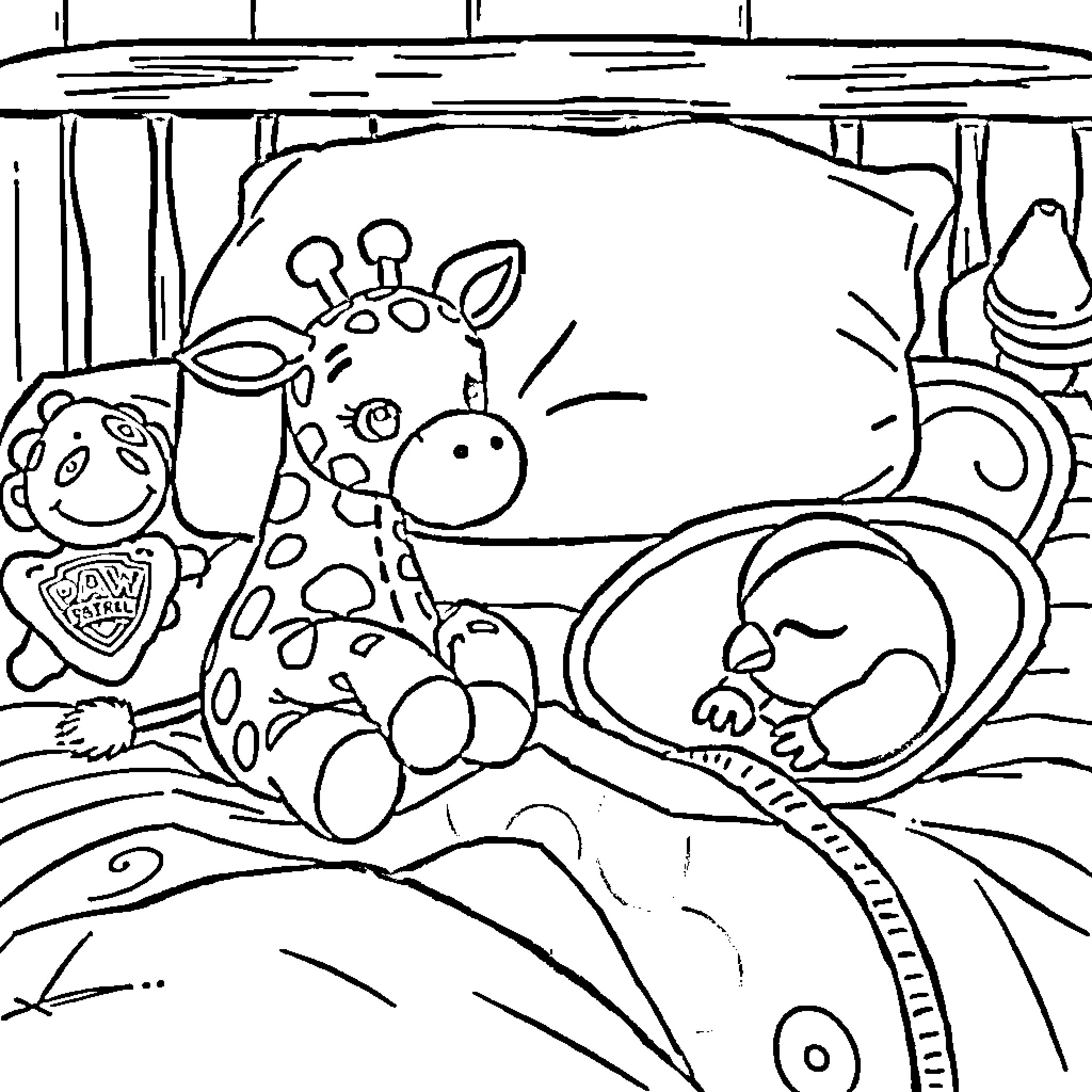 Giraffe and friends in a whimsical scene Coloring Page (free black-and-white line drawing printable PDF for all, from beginners to advanced learners, including children, teens, adults, and seniors)