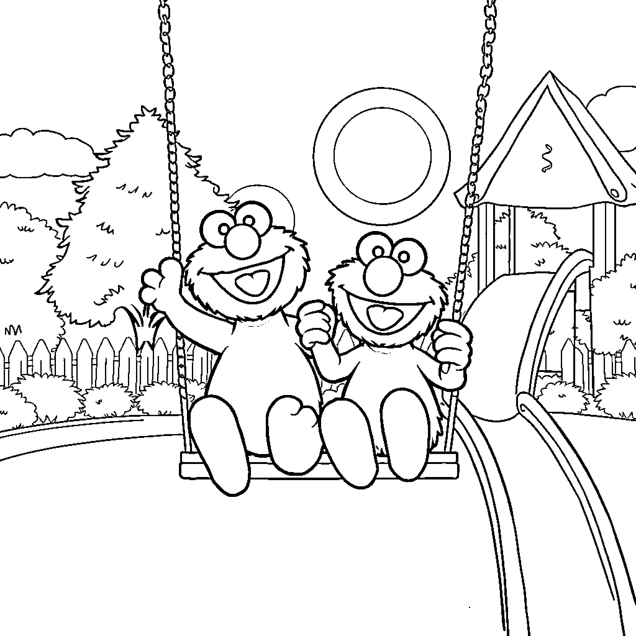 Elmo and friend enjoying playground swings Coloring Page (free black-and-white line drawing printable PDF for all, from beginners to advanced learners, including children, teens, adults, and seniors)