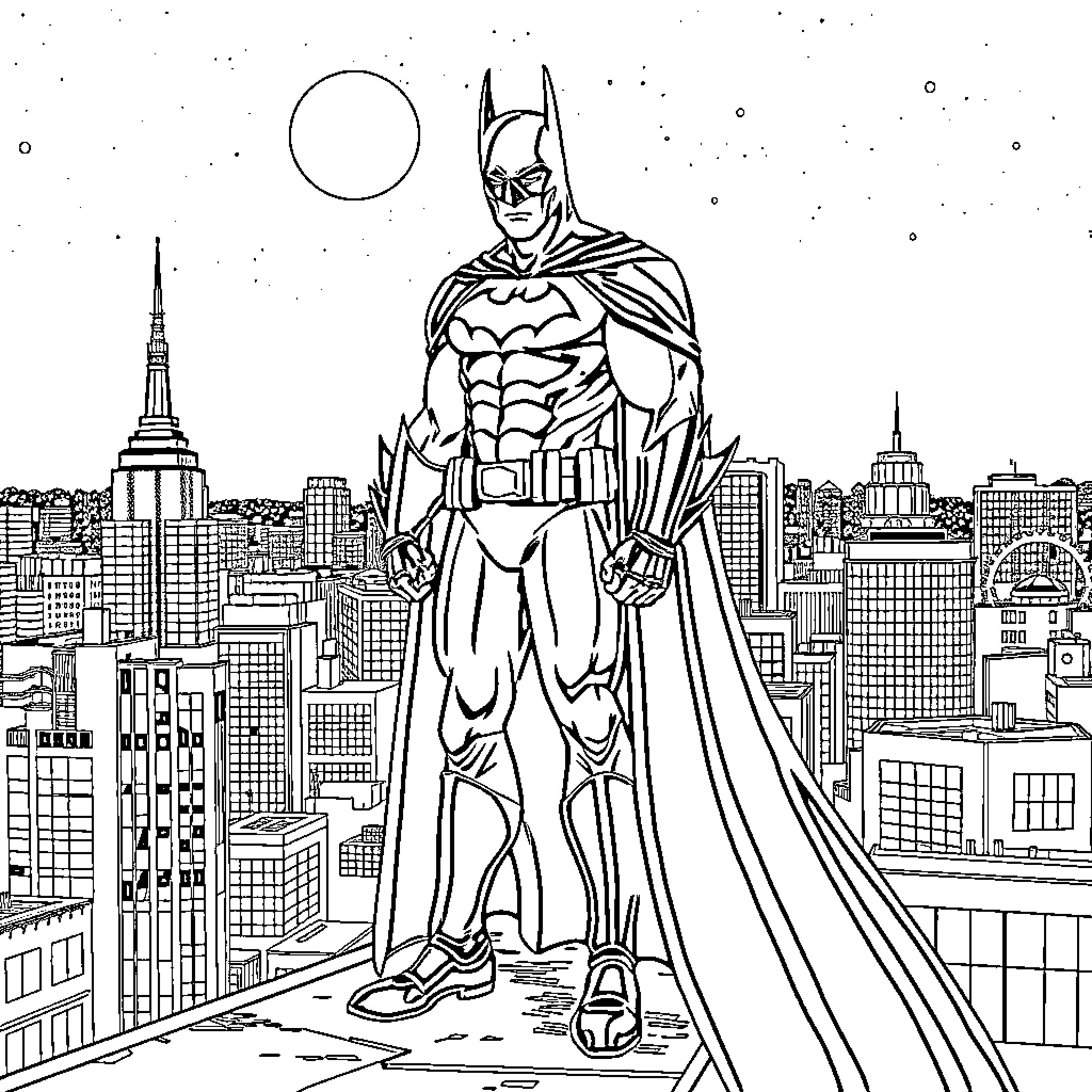 Batman surveying the city from a rooftop Coloring Page (free black-and-white line drawing printable PDF for all, from beginners to advanced learners, including children, teens, adults, and seniors)