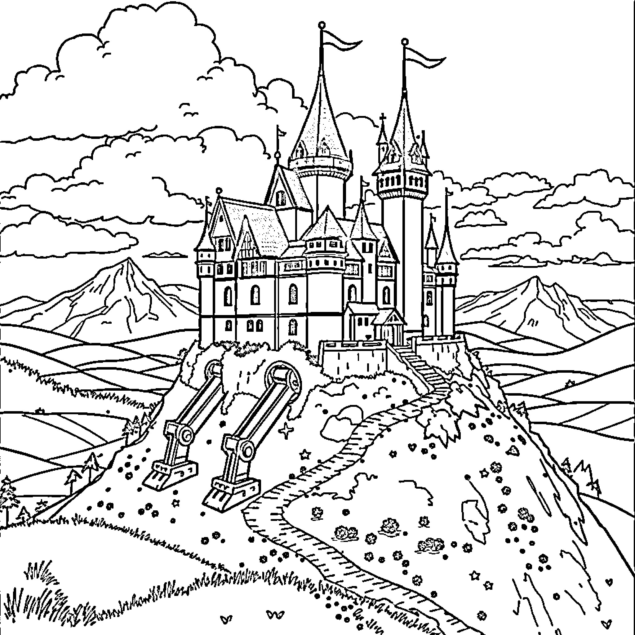Howl's Moving Castle: Whimsical Castle in the Clouds Coloring Page (free black-and-white line drawing printable PDF for all, from beginners to advanced learners, including children, teens, adults, and seniors)