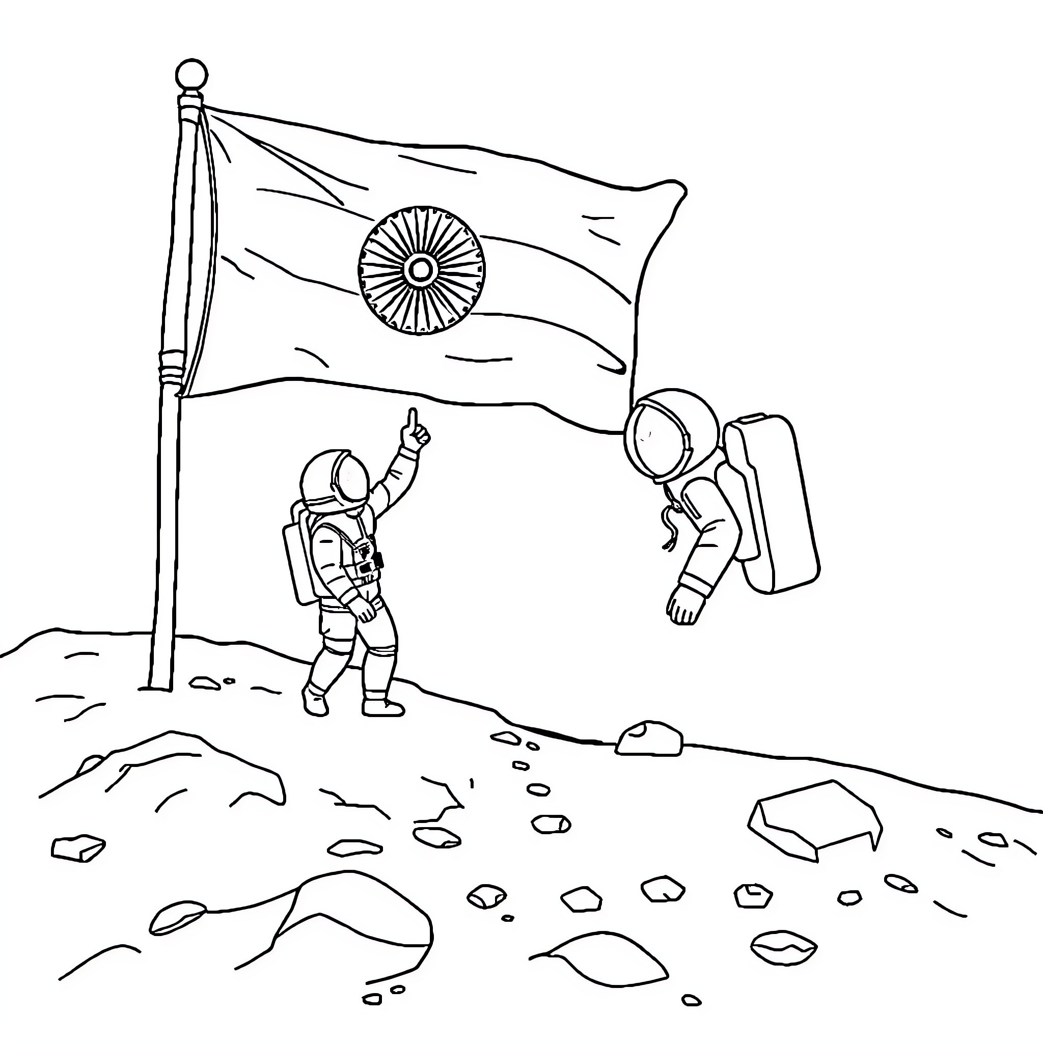 Flag raised by astronauts on distant planet Coloring Page (free black-and-white line drawing printable PDF for all, from beginners to advanced learners, including children, teens, adults, and seniors)