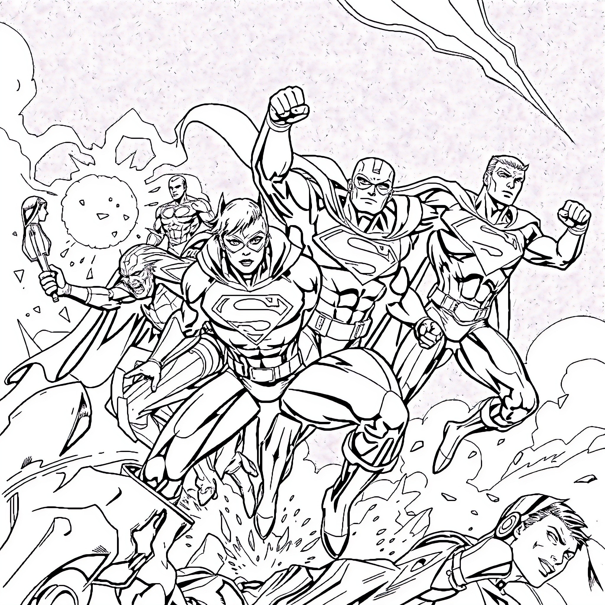 Superhero team takes on formidable foes in epic battle Coloring Page (free black-and-white line drawing printable PDF for all, from beginners to advanced learners, including children, teens, adults, and seniors)