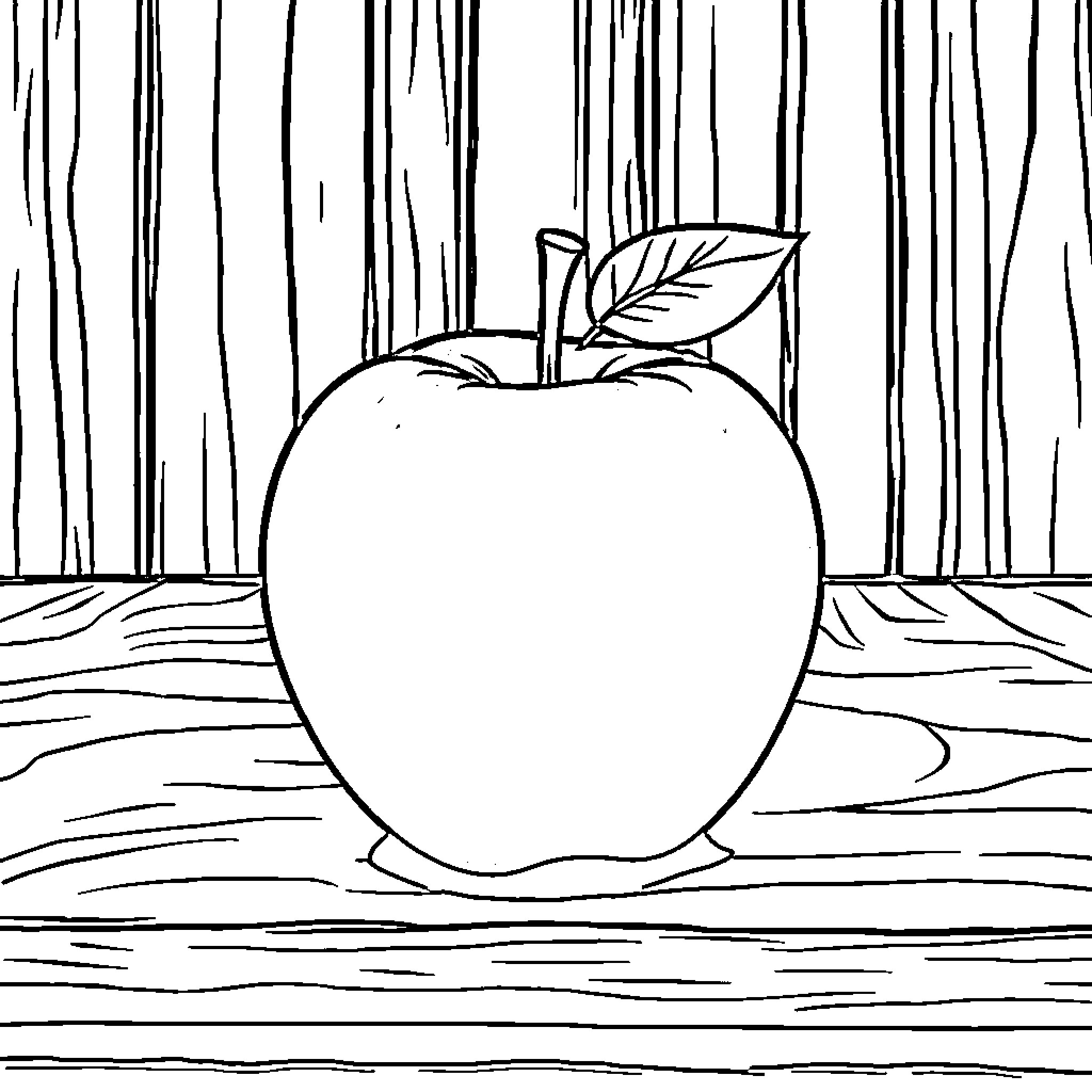 Apple Silhouette on Wooden Surface Coloring Page (free black-and-white line drawing printable PDF for all, from beginners to advanced learners, including children, teens, adults, and seniors)